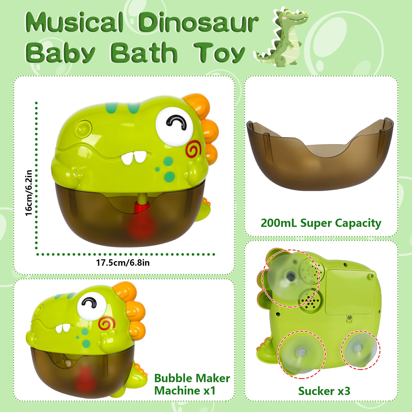 Dinosaur Bath Bubble Maker Toy for Toddlers 1-3 Years - Waterproof Musical Bath Toy for Baby Shower Play