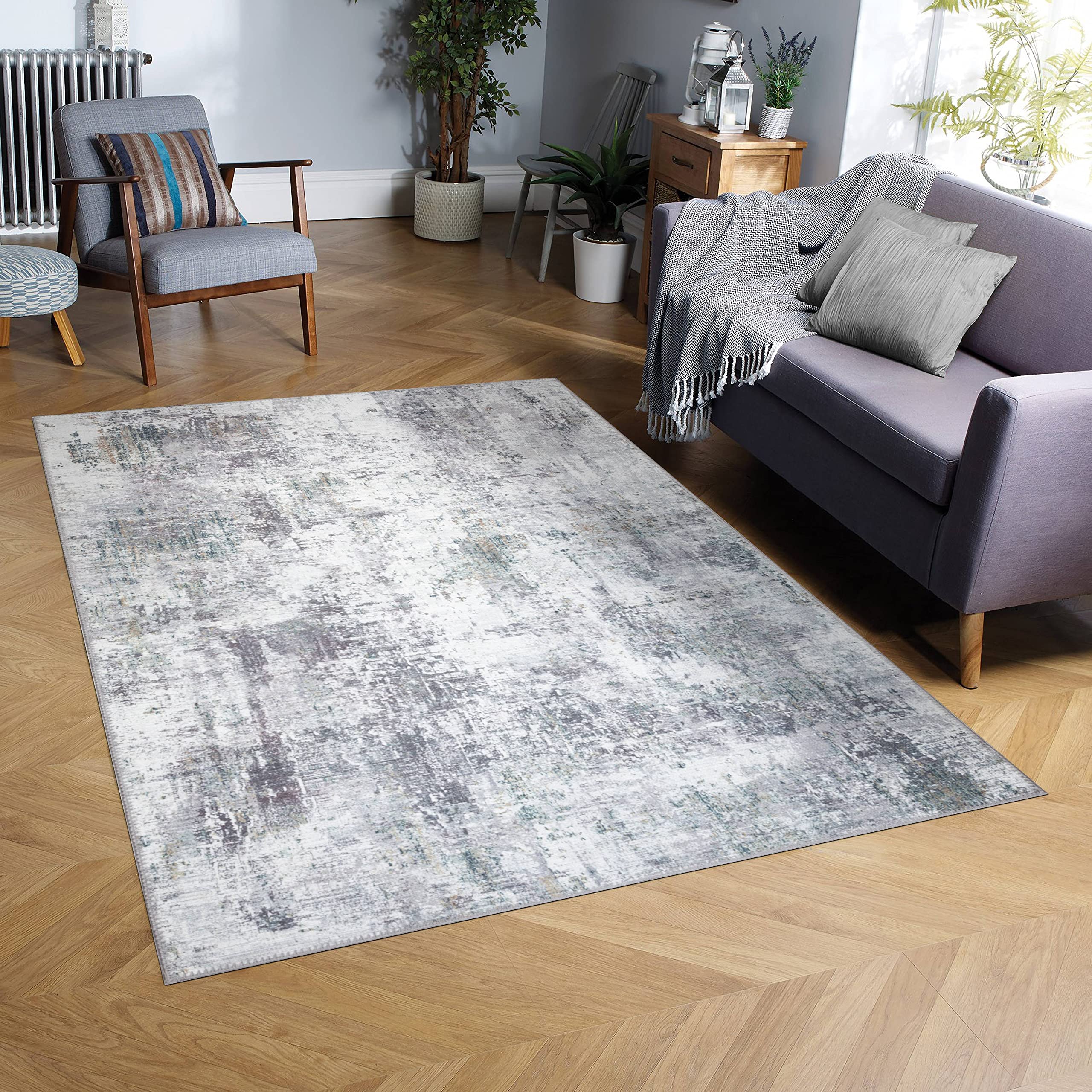 GLN Rugs Contemporary Collection - Machine Washable Modern Area Rug 5'x7' Gray | Non-Slip Abstract Design for Living Room, Bedroom & Bathroom | Easy-Clean Home Decor for High Traffic Areas