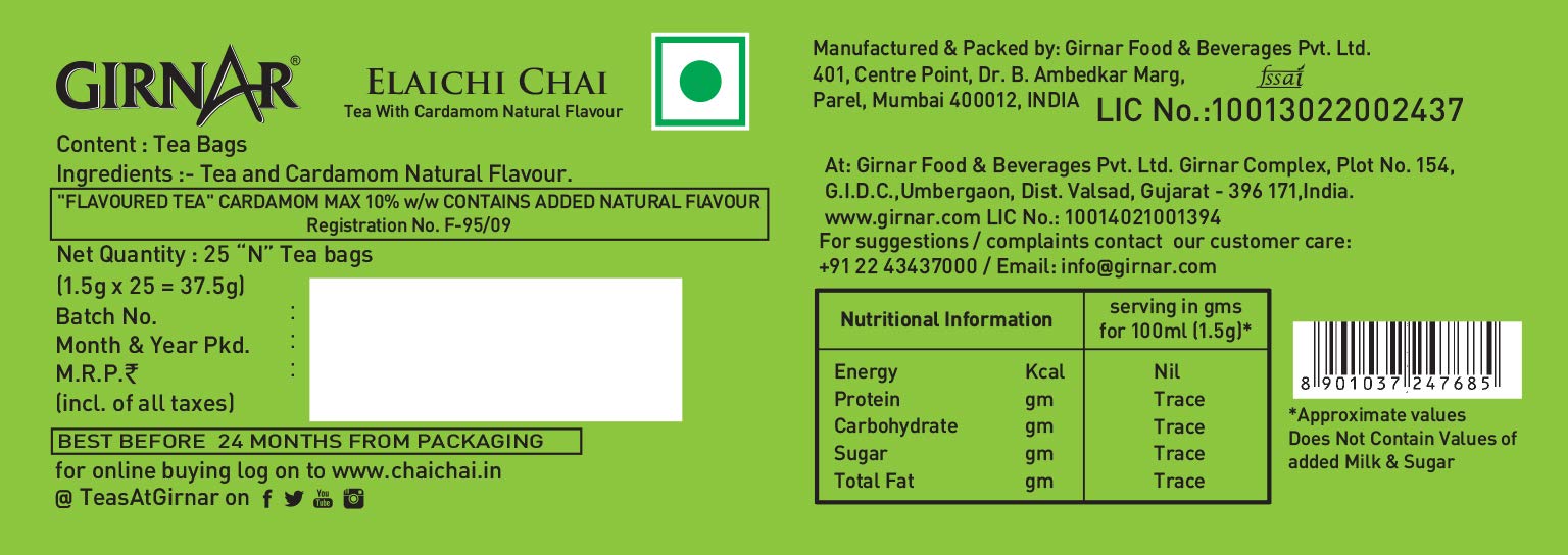 Premium Girnar Elaichi (Cardamom) Tea Bags - 25 Count | Aromatic Spiced Indian Herbal Tea for Relaxation & Digestion | Perfect for Morning Boost or Evening Relaxation