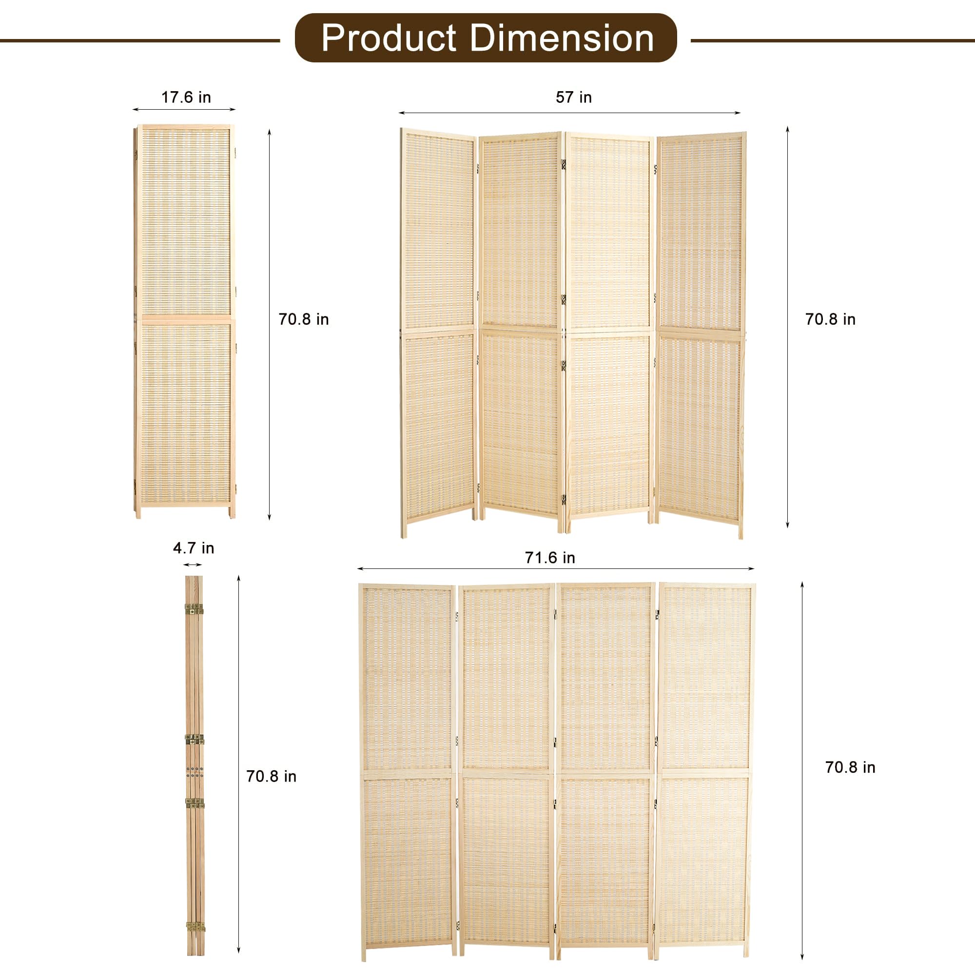 Duraspace 4 Panel Bamboo Room Divider - 6ft Tall Folding Privacy Screen for Home & Office - Portable Freestanding Wall Partition with Sturdy Double Hinge - Perfect for Room Separation, Bedroom Privacy, and Event Decoration