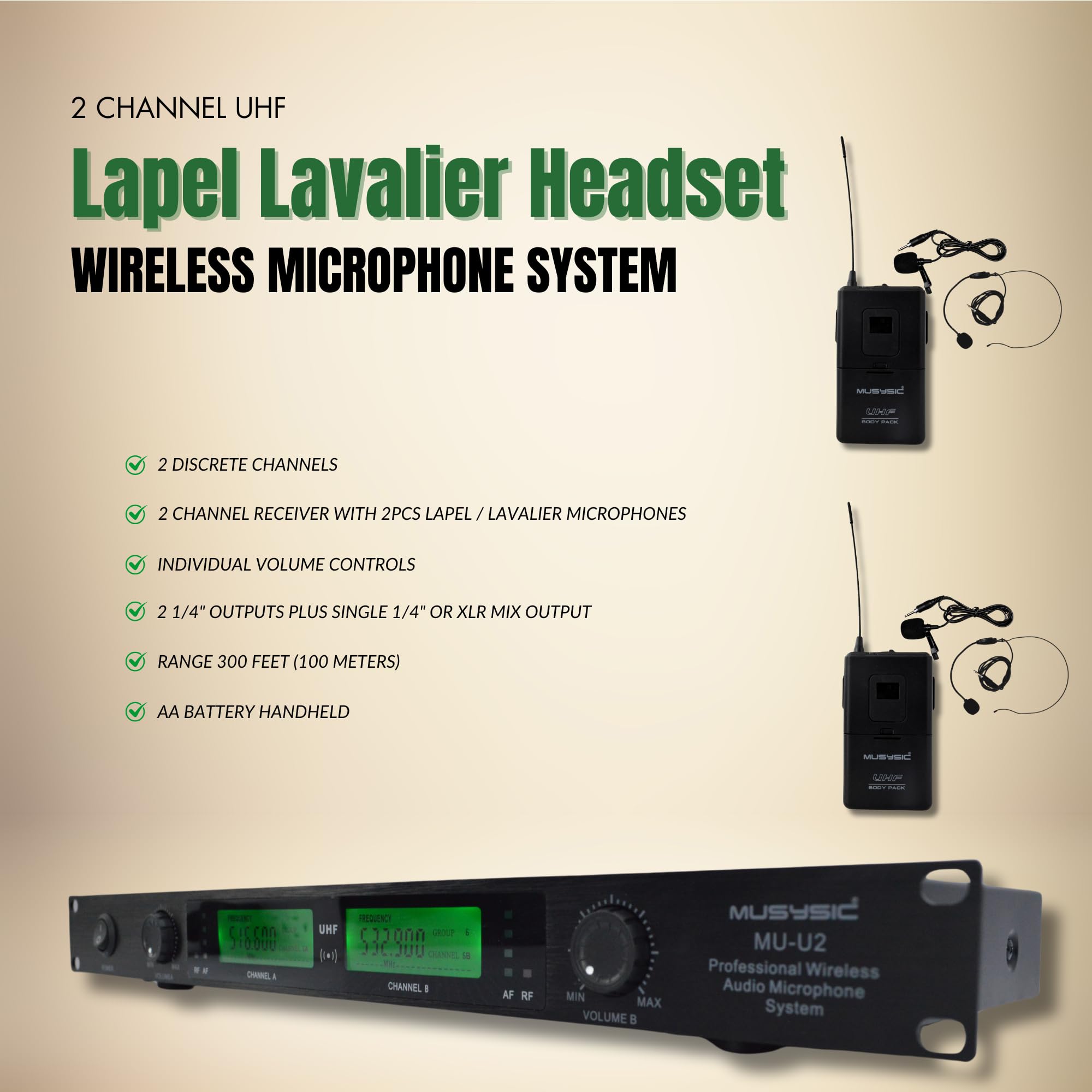 MUSYSIC 2-Channel Professional Wireless UHF Microphone System with 300ft Range - Fixed Frequency Bodypack Headset & Lapel Mic for Singing, Karaoke, Church, DJ, Public Speaking, Presentations & Live Performances