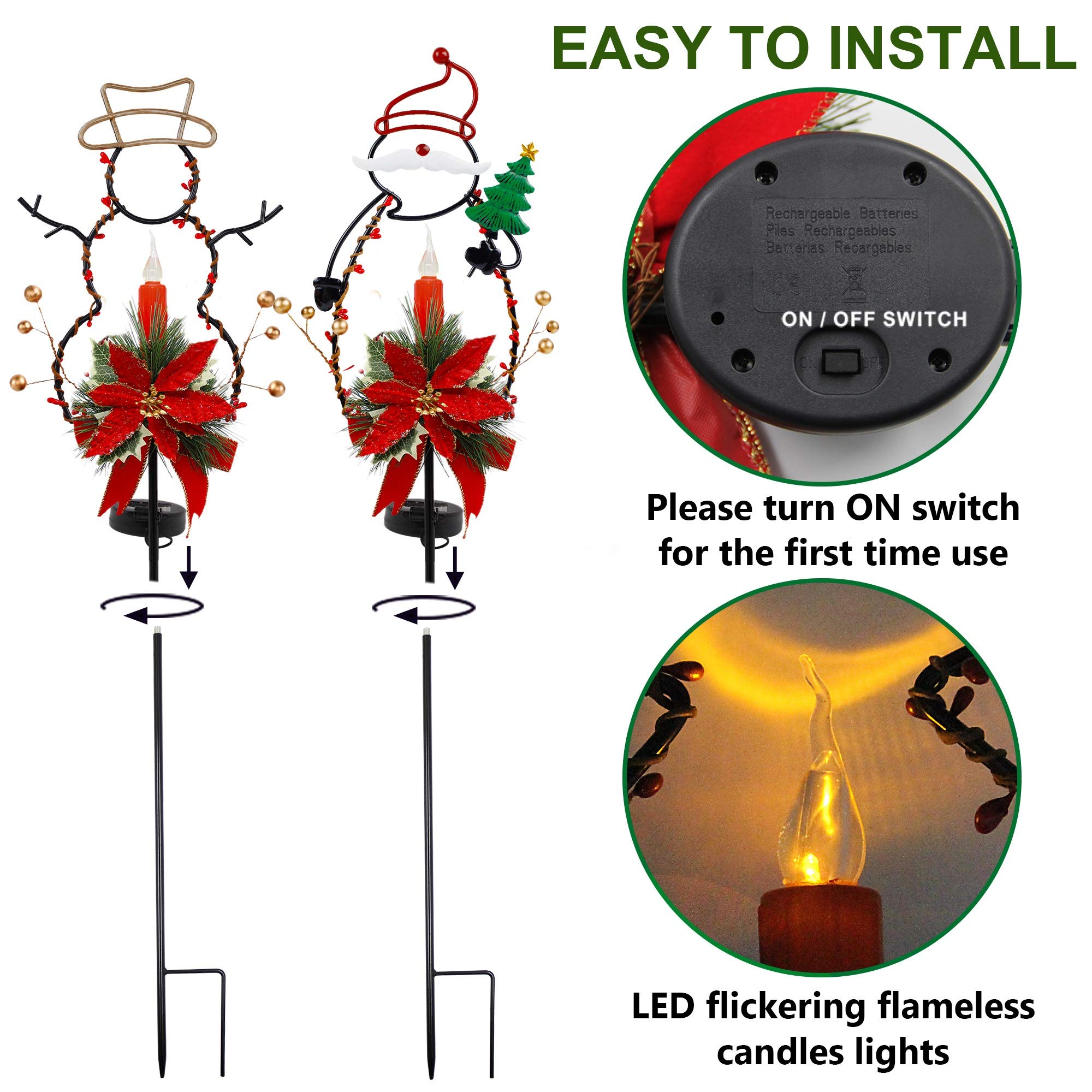 FORUP Solar Christmas Yard Decorations - Outdoor LED Solar Powered Candle Lights for Xmas Pathway, Metal Solar Garden Stake Lights with Snowman & Santa Designs - Set of 2 - Perfect for Holiday Lawn Decor, Garden Accents & Festive Outdoor Lighting