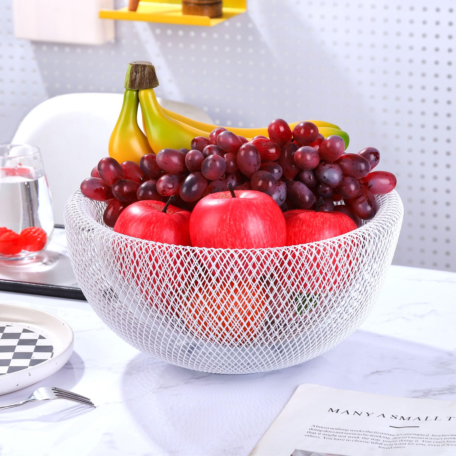 Premium White Metal Mesh Double-Layer Fruit Basket - Large Round Storage Basket for Bread, Vegetables & Snacks - Modern Kitchen Counter Decor for Dining Room & Pantry Organization