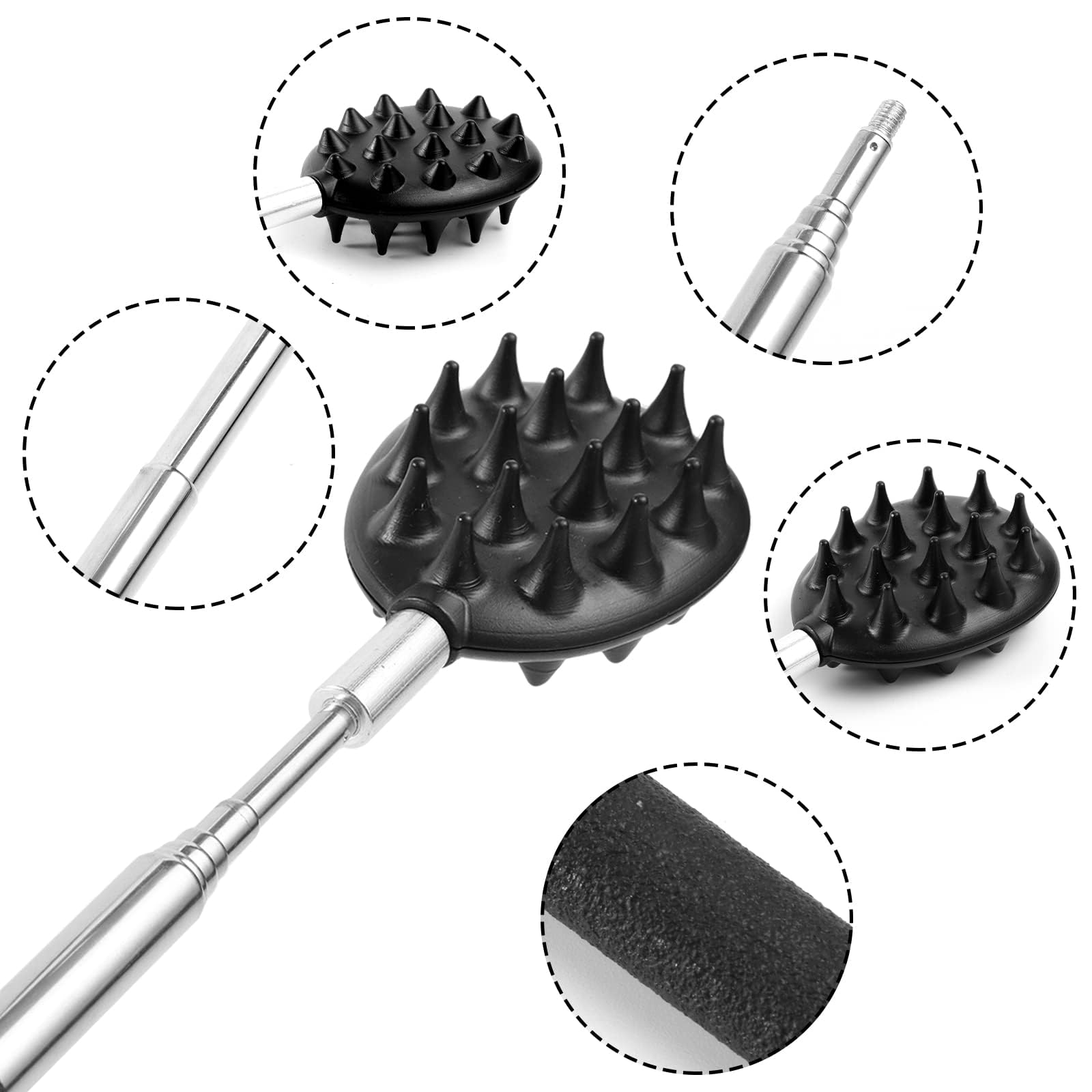 3Pcs Detachable Head Back Scratcher for Men & Women - Adjustable Telescoping Bear Claw & Rake Dual-Sided Design with Muscle Relief - Perfect for Back Itching, Massage & Relaxation at Home/Office/Travel (Black & Silver)