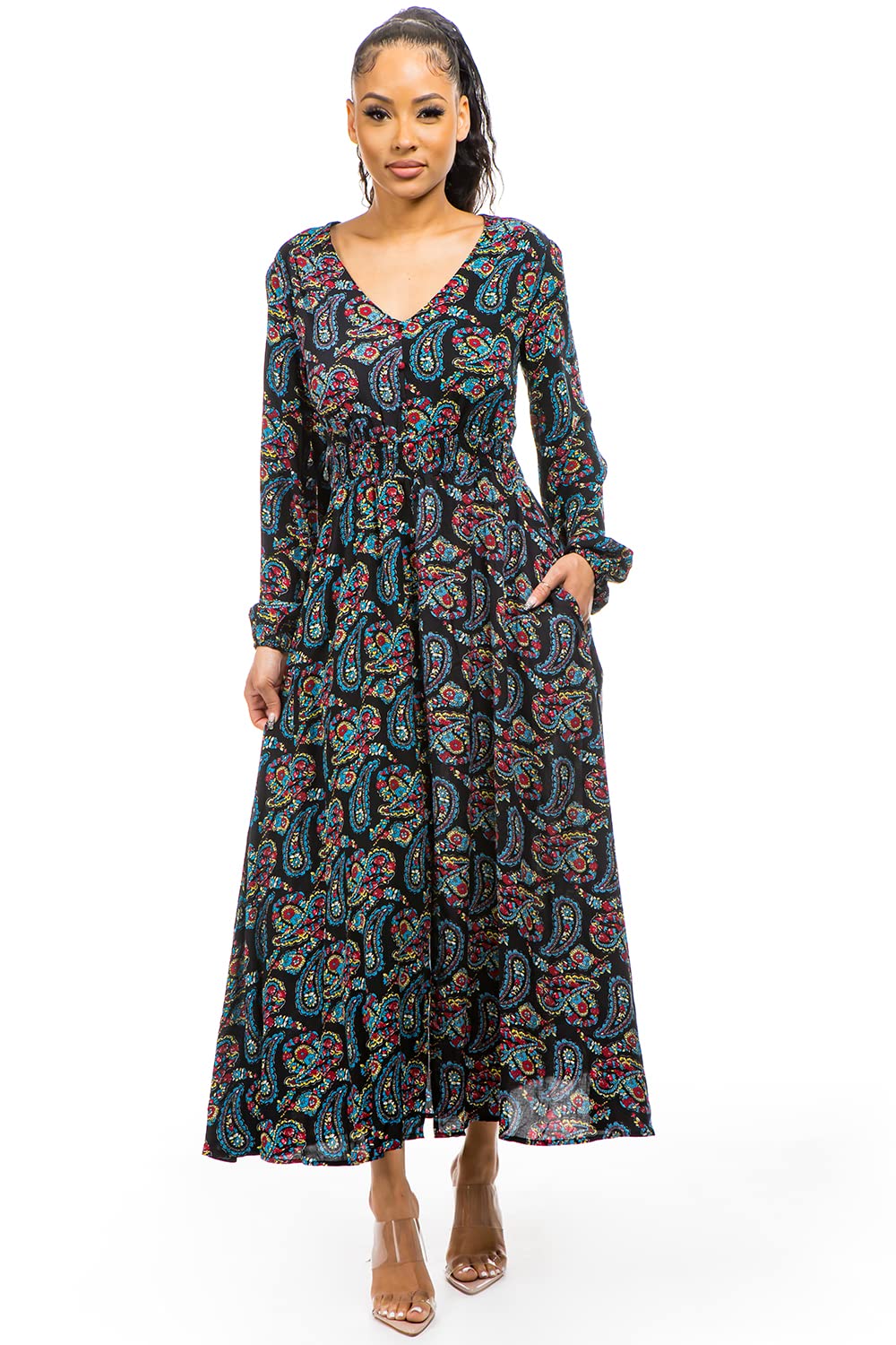 MIAMINE Women's Floral Print V-Neck Maxi Dress with Pockets & Side Slit - Casual Button Up Long Dress for Spring Fall Parties, Date Nights & Vacations