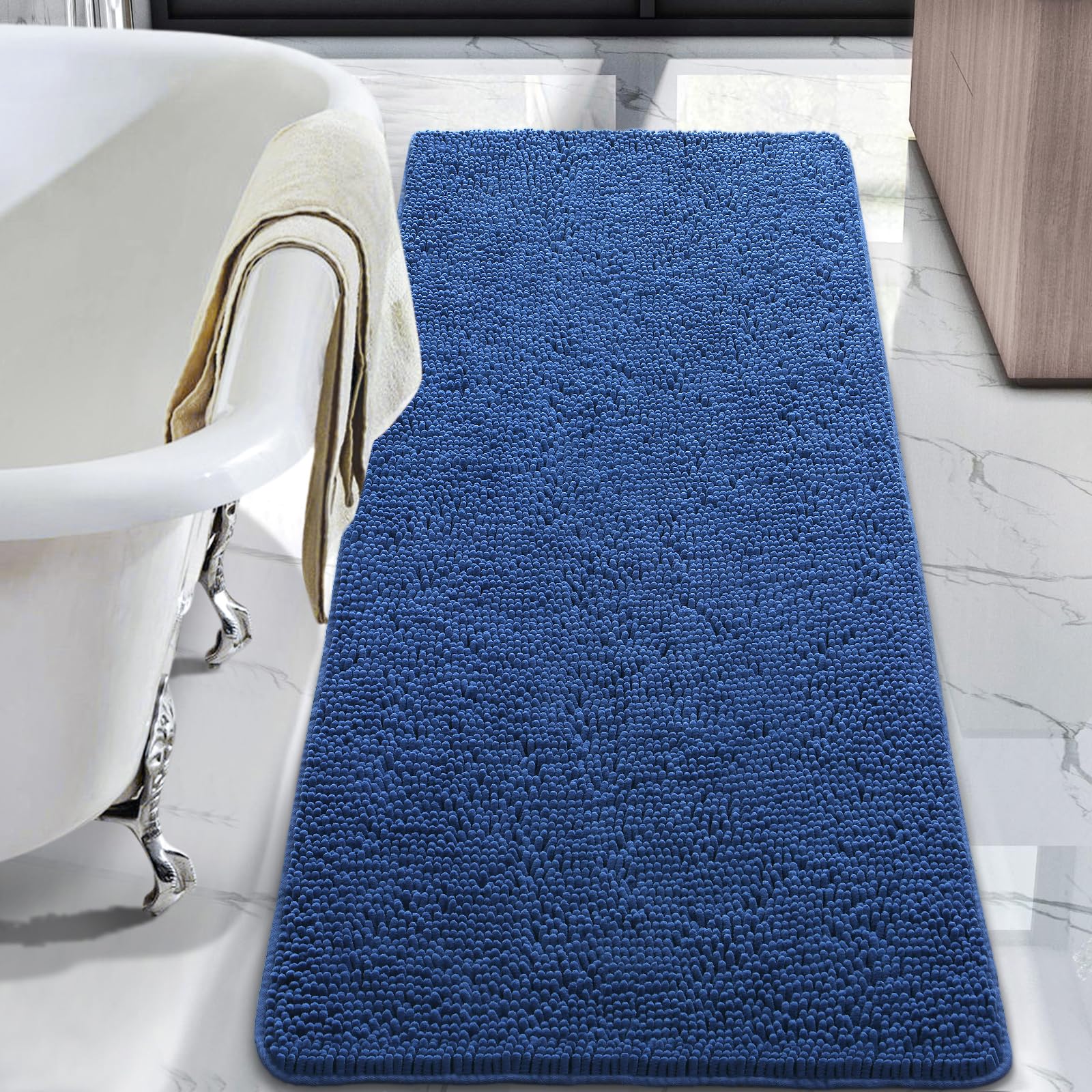 Premium Luxury Bathroom Rug - 24x60 Inch Shaggy Bath Mat, Soft Plush Chenille Absorbent & Non-Slip, Machine Washable for Bathroom & Shower - Blue | Perfect for Spa-Like Bathrooms, Master Suites & Cozy Home Decor