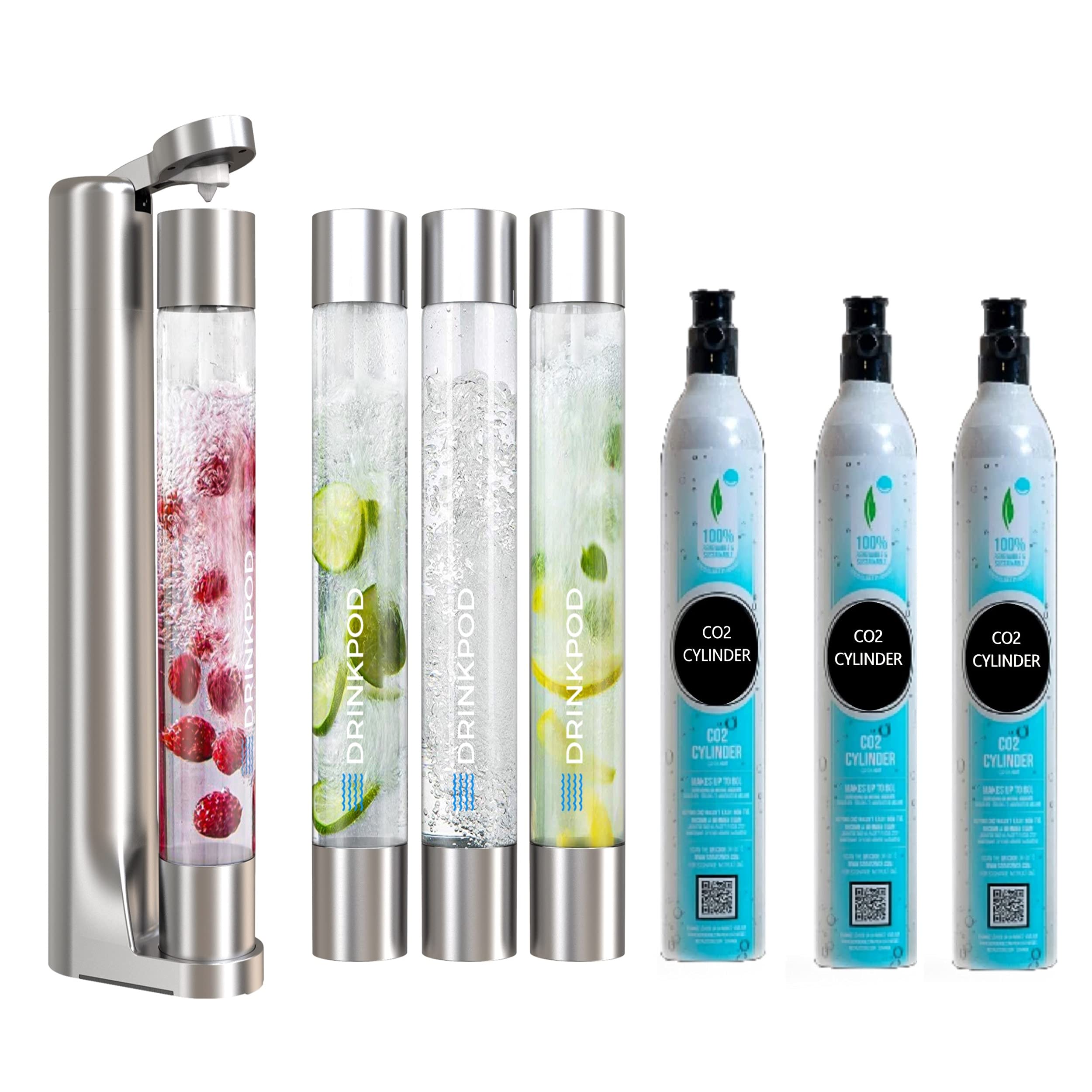 FIZZpod Soda Maker Machine - Make Sparkling Water, Juice, Coffee, Tea & Cocktails at Home | Includes 3 PET Bottles, 3 Caps, 1 Carbonator Cap & 3 CO2 Cylinders (Silver) | Perfect for Parties, Healthy Hydration & DIY Beverages