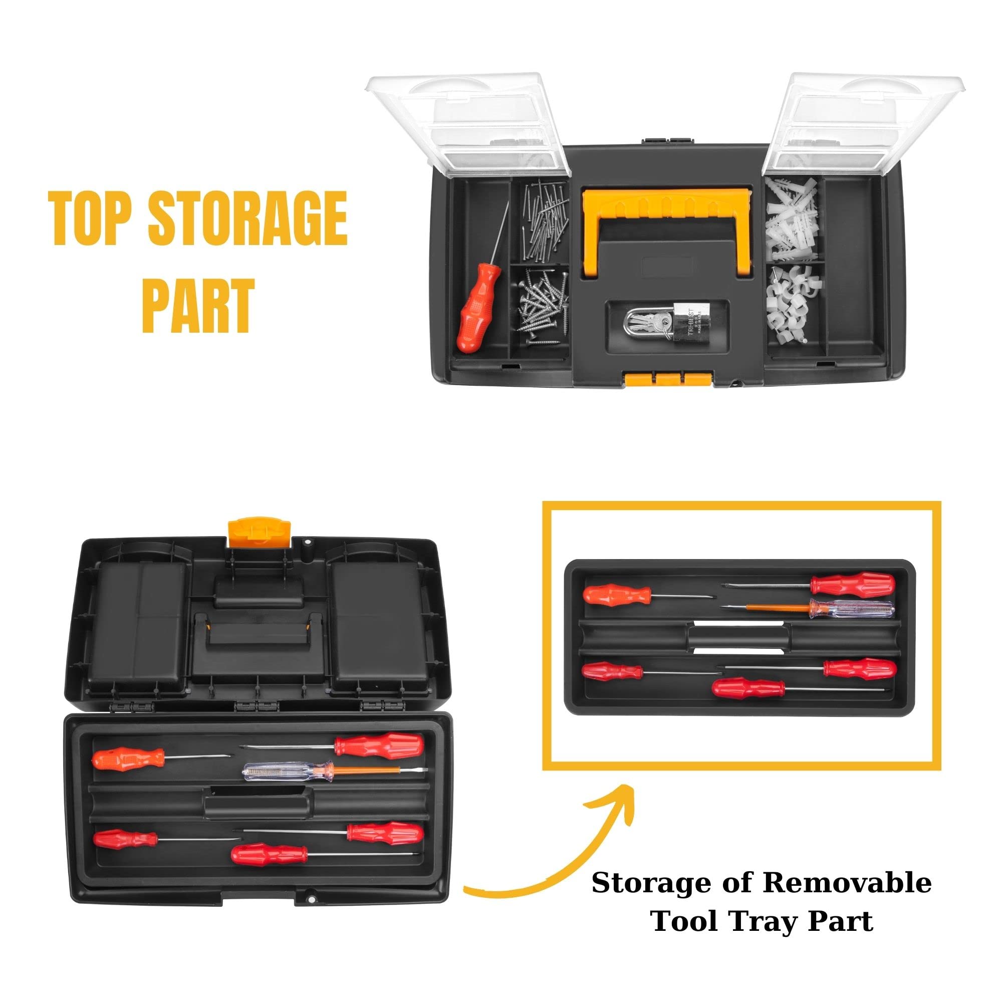 VHD 16-Inch Yellow Plastic Tool Box with Removable Tray - 2-Piece Heavy Duty Storage Organizer for Tools, Crafts & DIY Projects | Garage, Workshop & Home Use