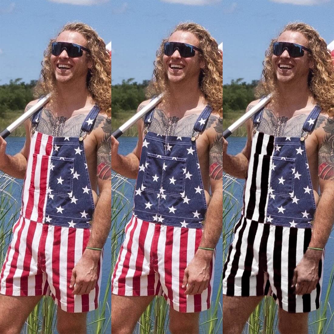 **American Flag Denim Bib Overalls for Men & Women - Patriotic Shorts Romper for Independence Day, BBQ, Festivals & Casual Wear**