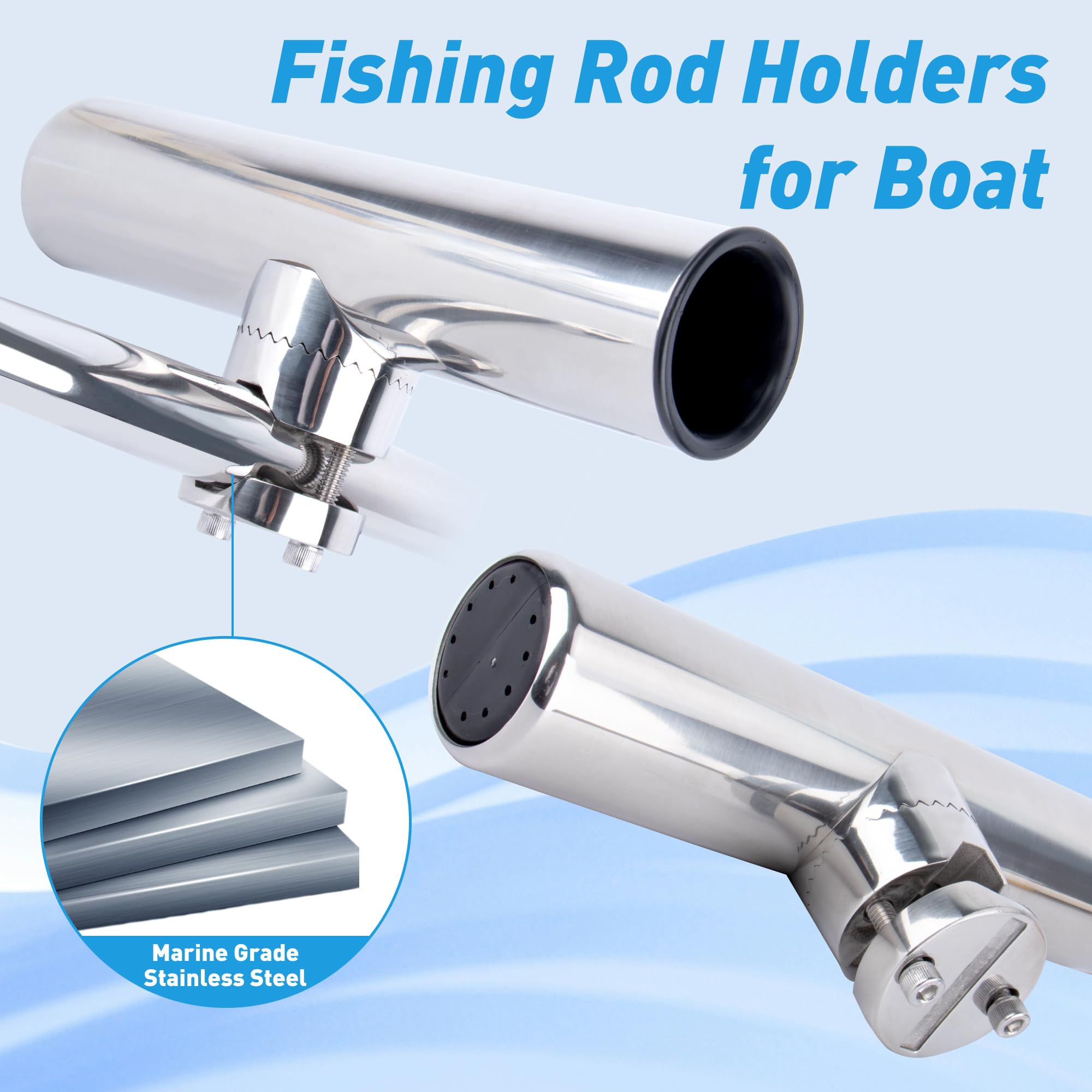 2 Pack Stainless Steel Fishing Rod Holders for Boat Rail Mount - Heavy Duty Clamp-On Marine Rod Holder for Fishing Boat, Pontoon, Jon Boat - Perfect for Saltwater & Freshwater Fishing Trips