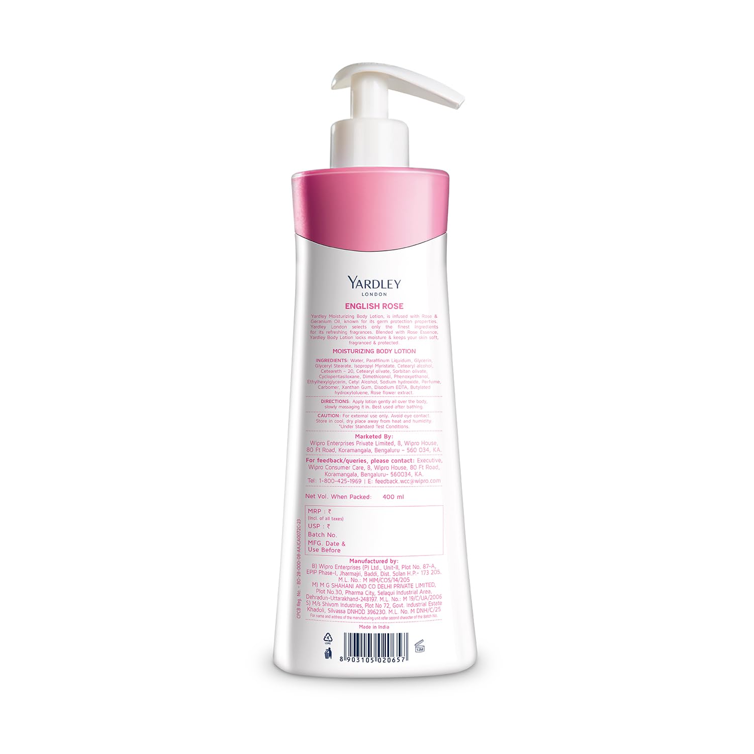 Yardley London English Rose Moisturizing Body Lotion with Germ Shield | Enriched with Rose & Geranium Oil | Daily Hydrating Hand & Body Lotion with Vitamin C & B3 for Women | 400ml | Perfect for Dry Skin Care & Daily Moisturizing Routine
