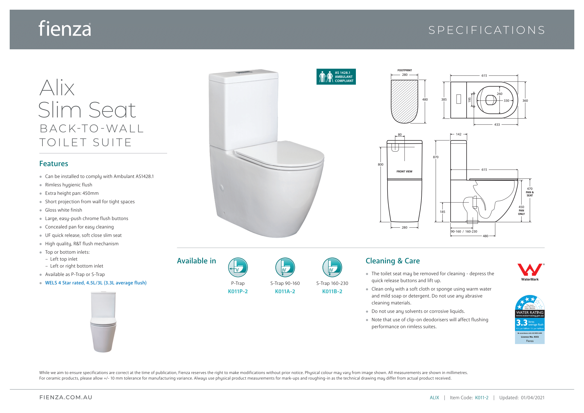 Fienza Alix Back to Wall Toilet Suite with Slim Seat - Space-Saving Modern Bathroom Solution for Small Bathrooms & Powder Rooms