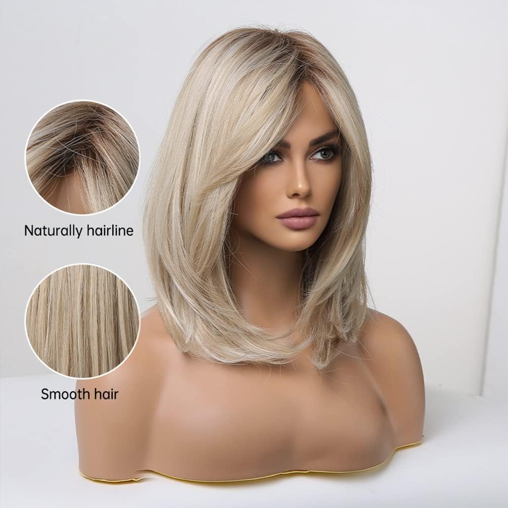 BERON Blonde Wig with Dark Roots - Long Layered Synthetic Hair Wig for Women with Bangs | Perfect for Cosplay, Halloween, Parties & Daily Fashion