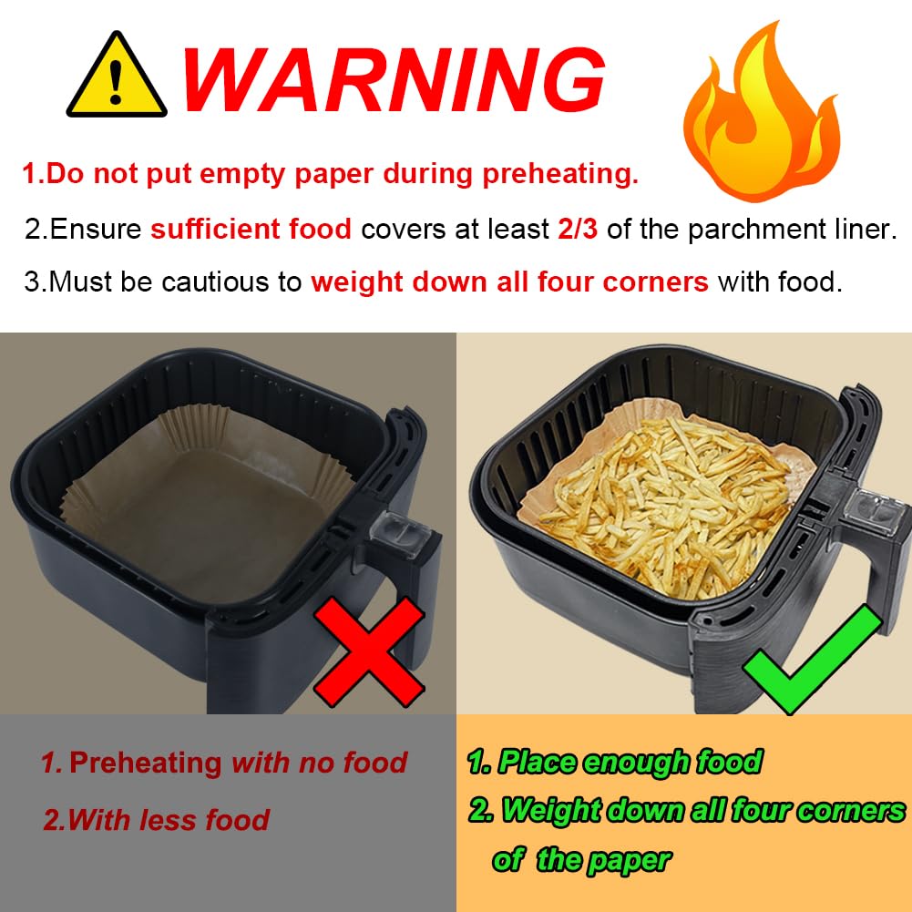 BYKITCHEN 100-Pack 9 Inch Unbleached Air Fryer Liners - Square Nonstick Parchment Paper for COSORI, Ninja, Tower - Perfect for Easy Cleanup & Healthy Cooking