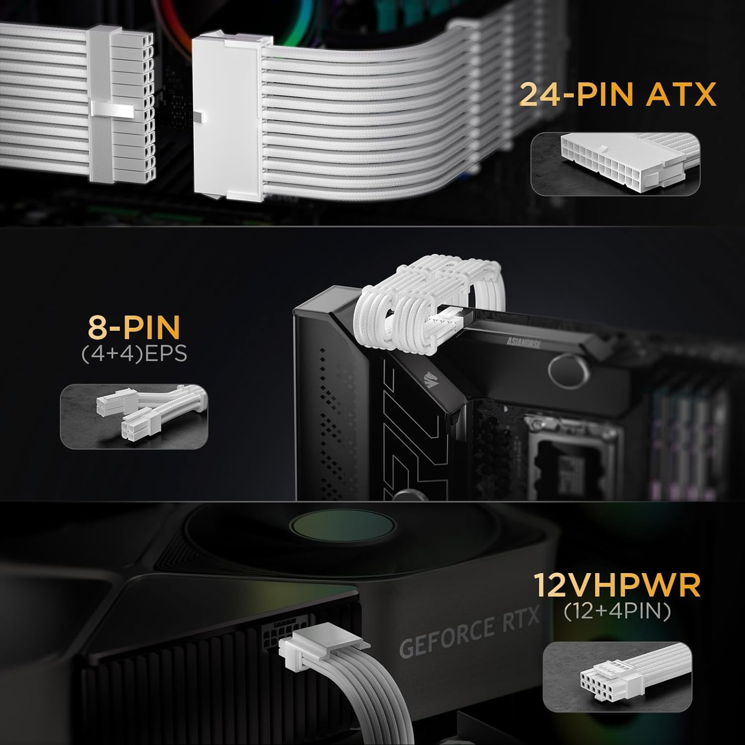 Premium Asiahorse White 12VHPWR PCIe 5.0 Sleeved PSU Extension Cable Kit - 16AWG Cotton Braided Custom Mod Kit (4+4 Pin, 3x8 Pin) for Gaming PC Build & Custom Rig Power Supply Upgrade