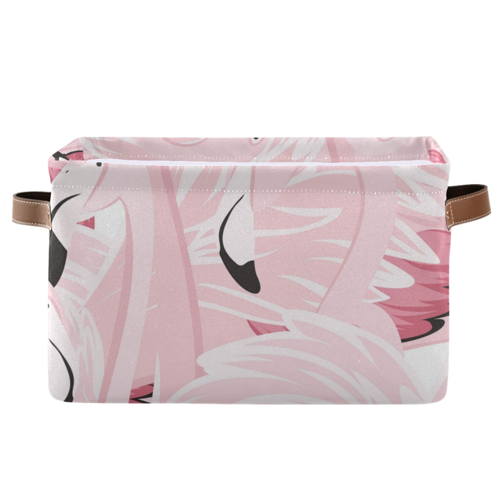 OTVEE 2-Piece Pink Flamingos & Tropical Birds Printed Collapsible Storage Baskets with Leather Handles - Rectangle Fabric Storage Bin Organizer for Clothes, Toys, Nursery, Home & Office - Perfect for Baby Room Organization & Home Decor