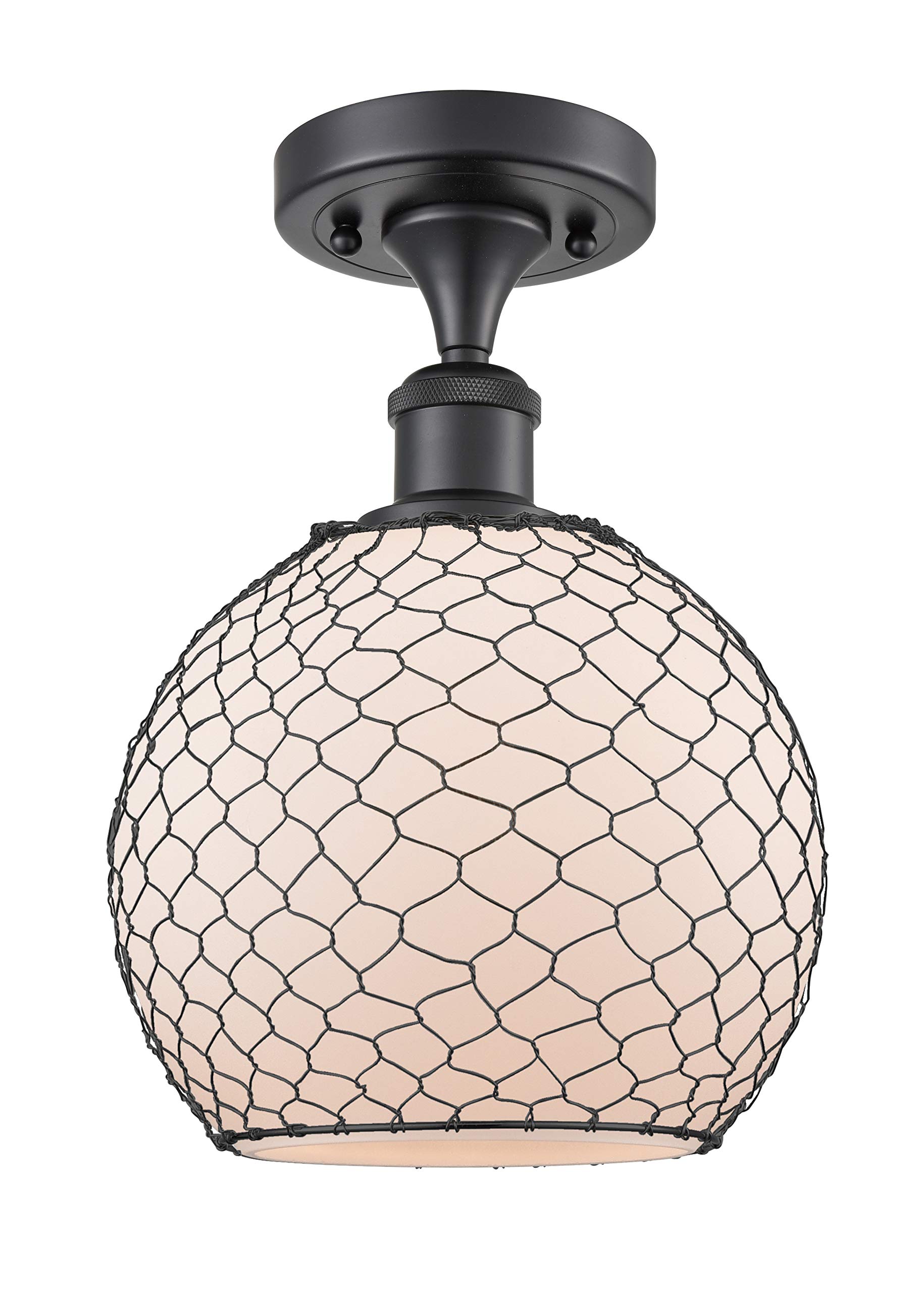 Ballston Collection Matte Black Farmhouse Chicken Wire 1-Light Semi-Flush Mount Ceiling Light - Rustic Kitchen, Dining Room & Bedroom Lighting Fixture