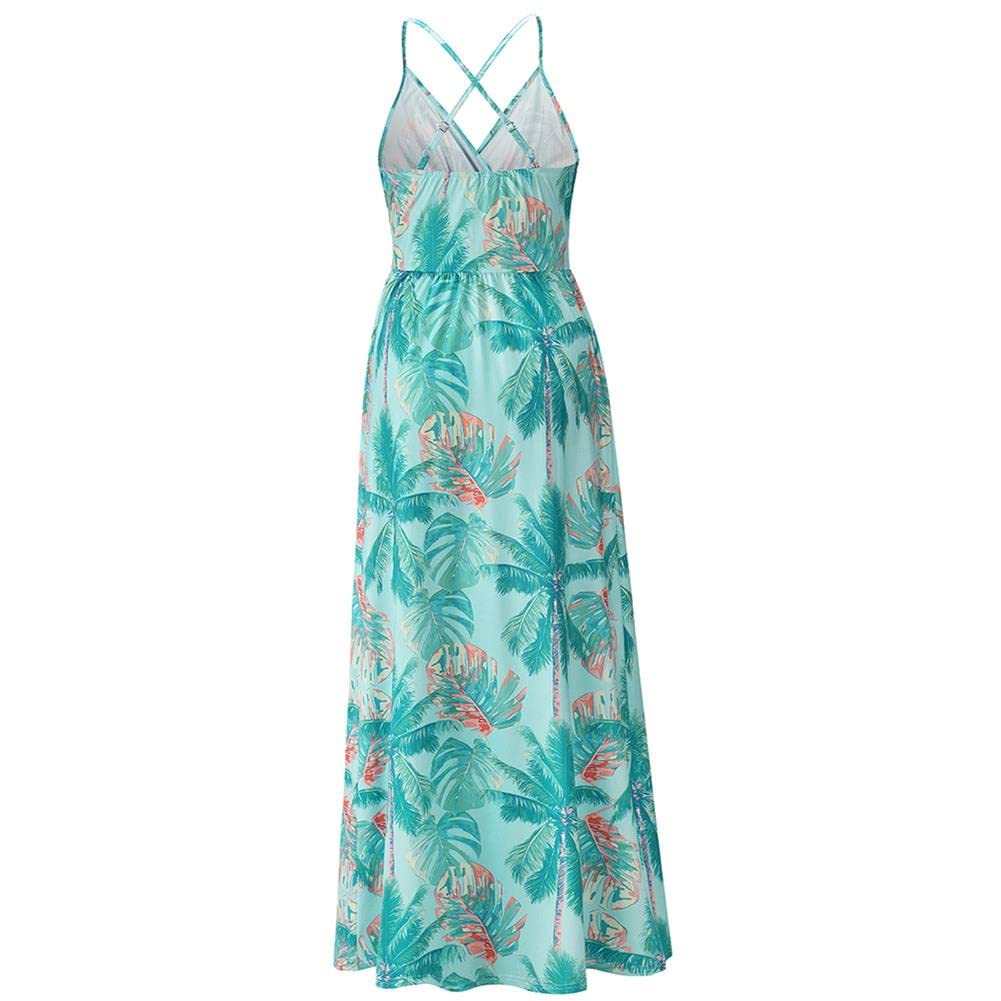 Bohemian Floral Print Women's Maxi Dress - V-Neck Spaghetti Strap Long Sling Dress for Beach, Vacation & Summer Outfits