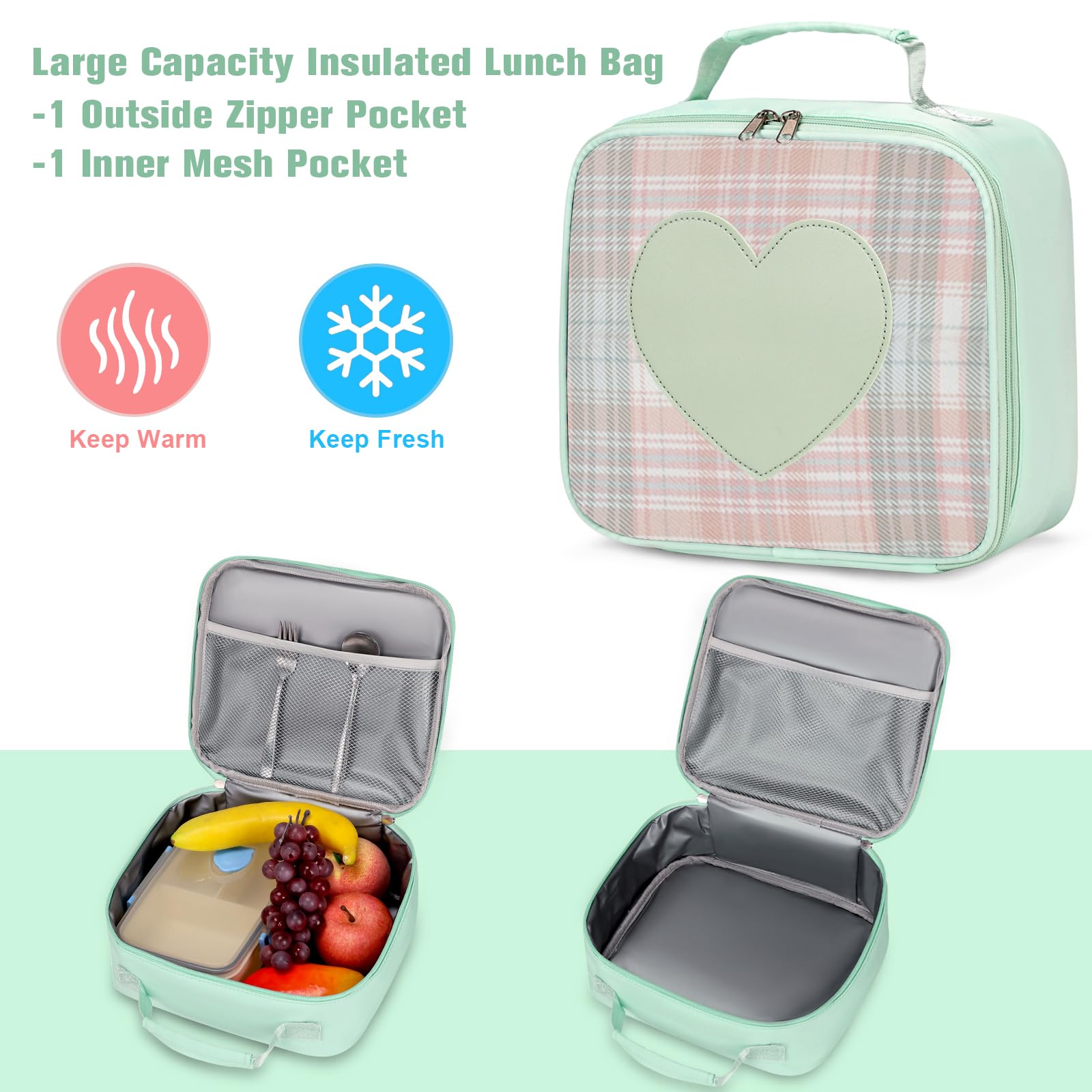 Stylish Girls Backpack for School, Travel & Daily Use - Cute Bookbag for Kids, Teens & Women - Lightweight Daypack with Lunch Box - Perfect for Elementary, Middle School & College (Green)