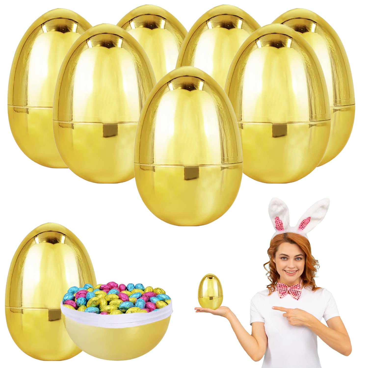 6 Pack Jumbo 6 Inch Golden Easter Eggs - Metallic Gold Decorations for Easter Baskets, Party Favors, Egg Hunts & Spring Home Decor