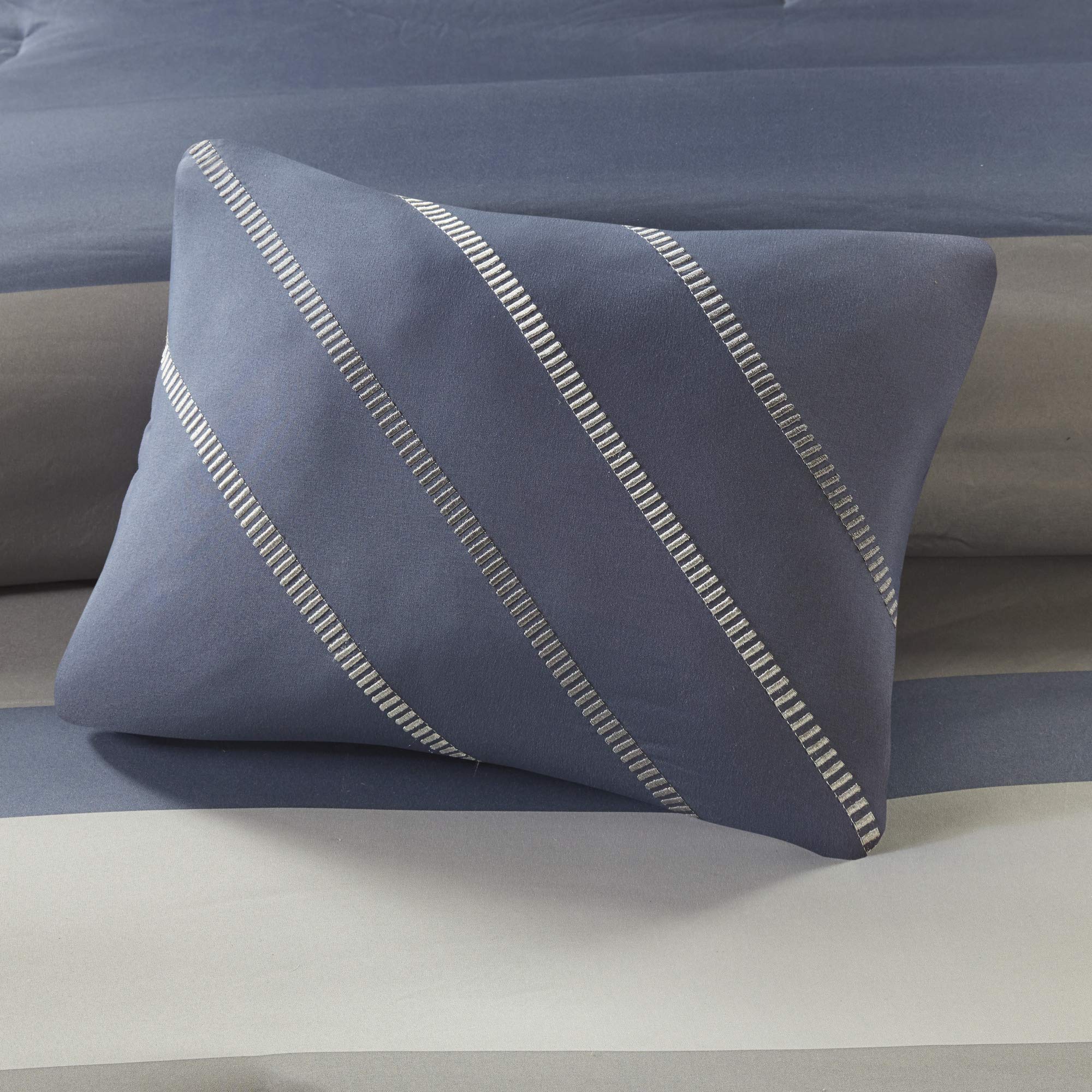 Intelligent Design Marsden Comforter Set - Striped Embroidered Toss Pillow & 6-Piece Sheet Set for Twin XL Bed | All-Season Blue/Grey Bedding | Perfect for Guest Rooms, Dorms & Cozy Bedroom Makeovers