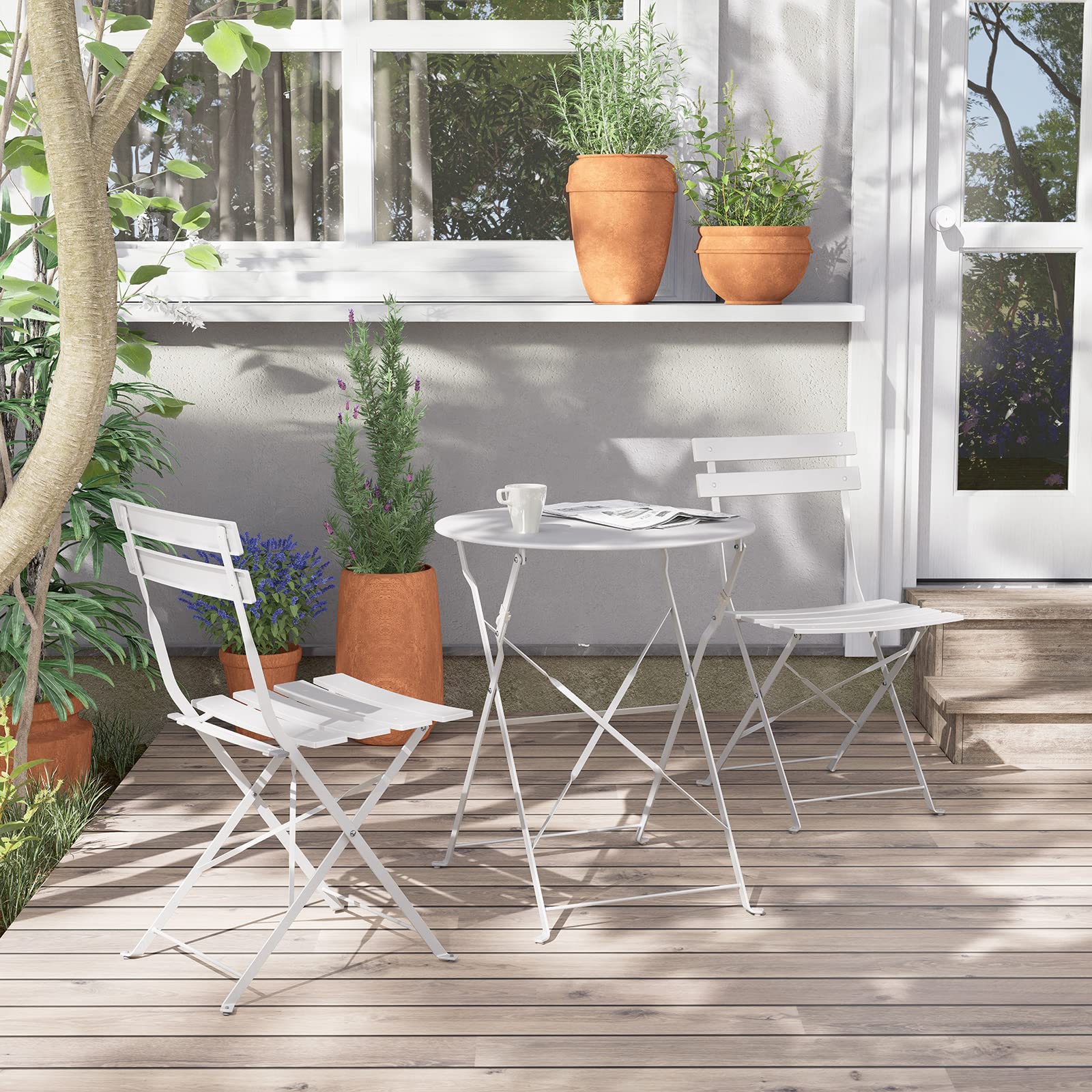 Grand Patio 3-Piece Bistro Set - Foldable Outdoor Dining Table & Chairs with Cushions, White Patio Furniture for Small Spaces, Balcony, Garden & Backyard - Perfect for Coffee, Breakfast & Relaxing Outdoors