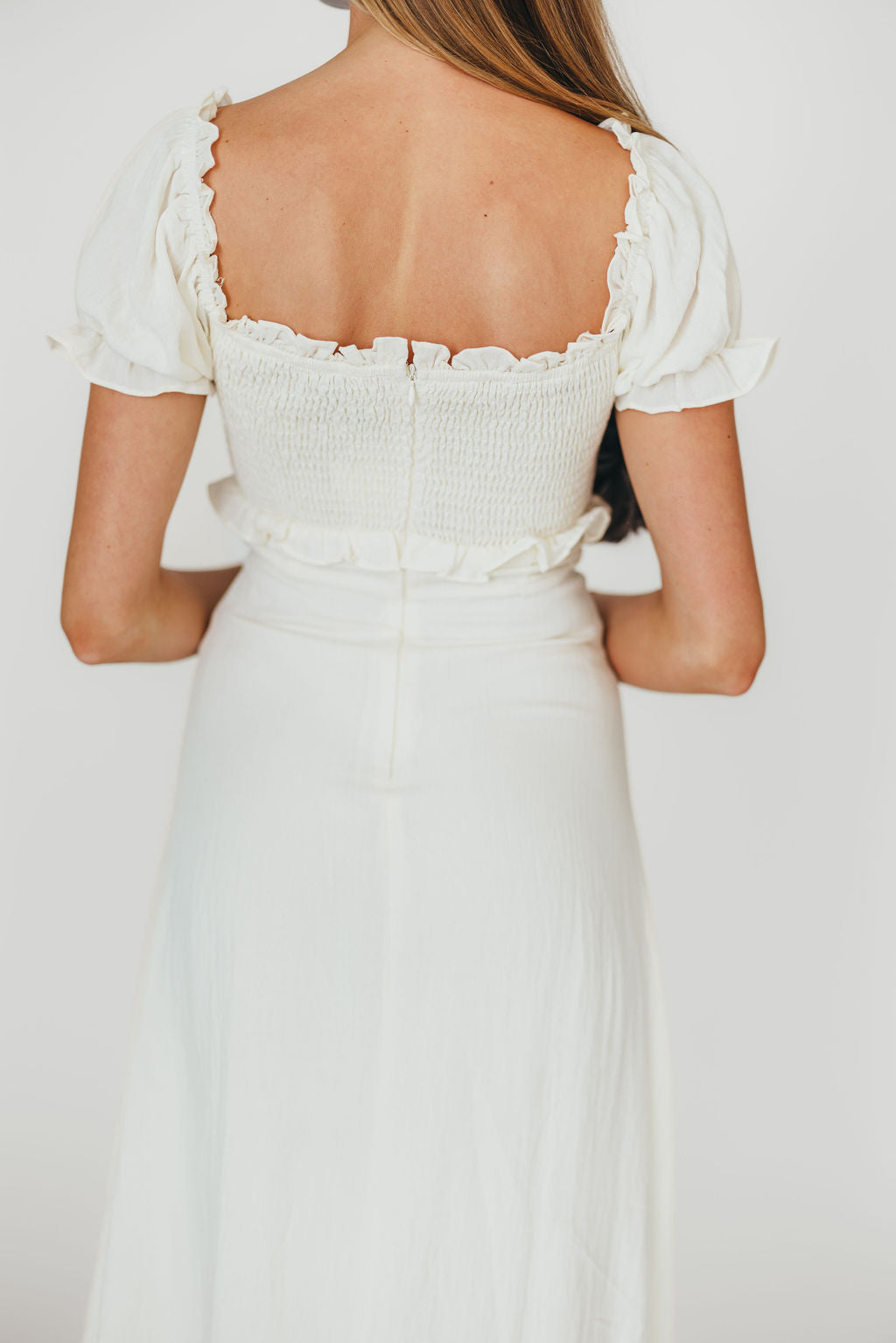 Stylish Penny Puff Sleeve Ruffle Midi Dress in Cream | Flowy Summer Dress for Women | Perfect for Weddings, Parties & Date Nights