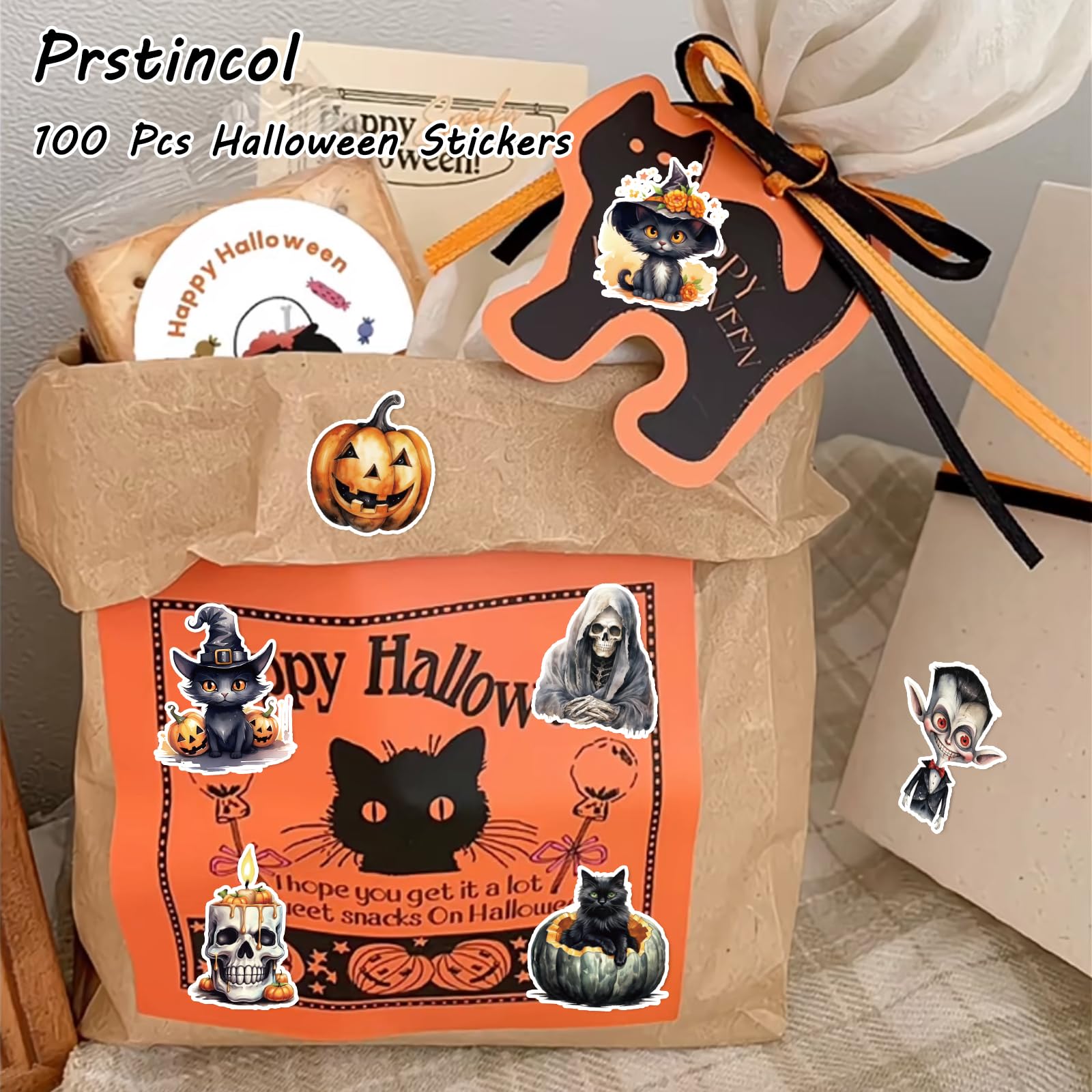 100 Pcs Halloween Stickers for Kids - Black Cat, Witch & Pumpkin Vinyl Stickers for Scrapbooking, Junk Journals, Collages - Waterproof Decals for Laptop, Water Bottles, Windows - Perfect for Halloween Party Favors & DIY Crafts