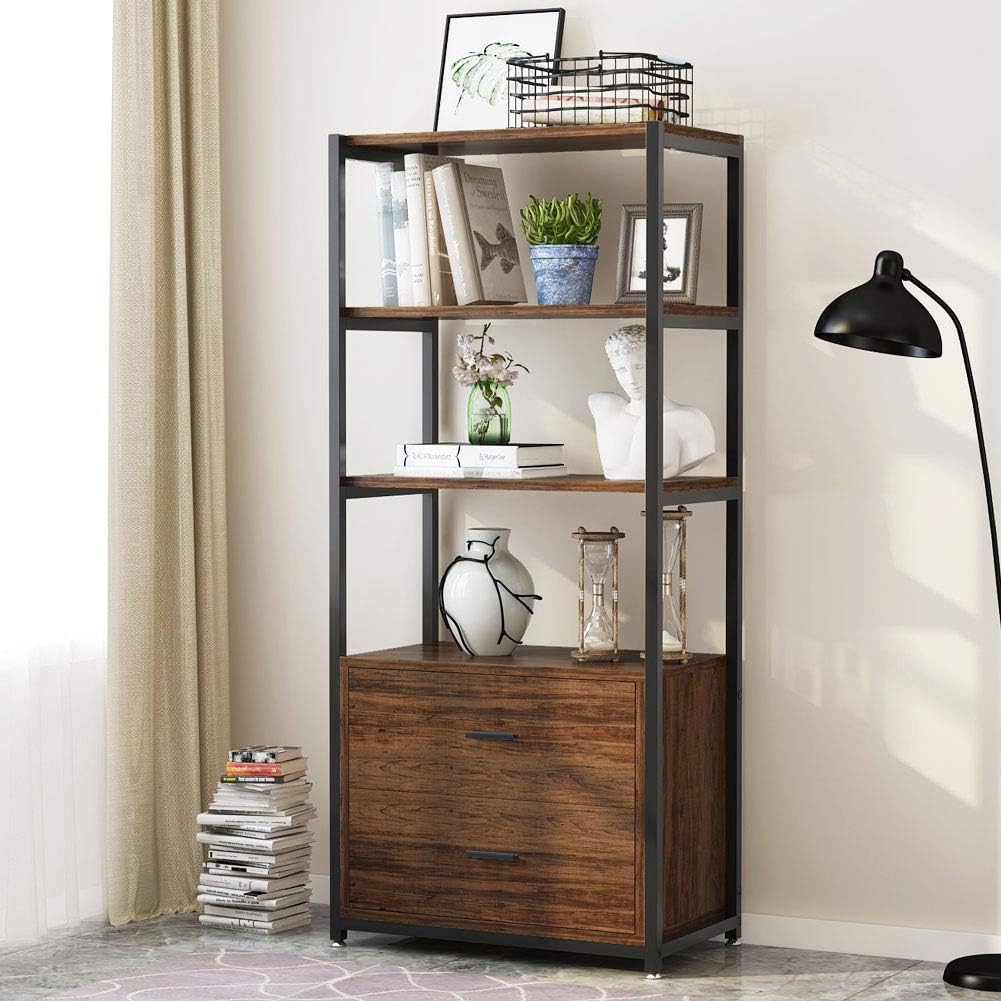 4 Tier Bookshelf with 2 Drawers - Modern Wooden Bookcase for Home Office, Living Room, Bedroom - Perfect for Organizing Books, Decor & Storage