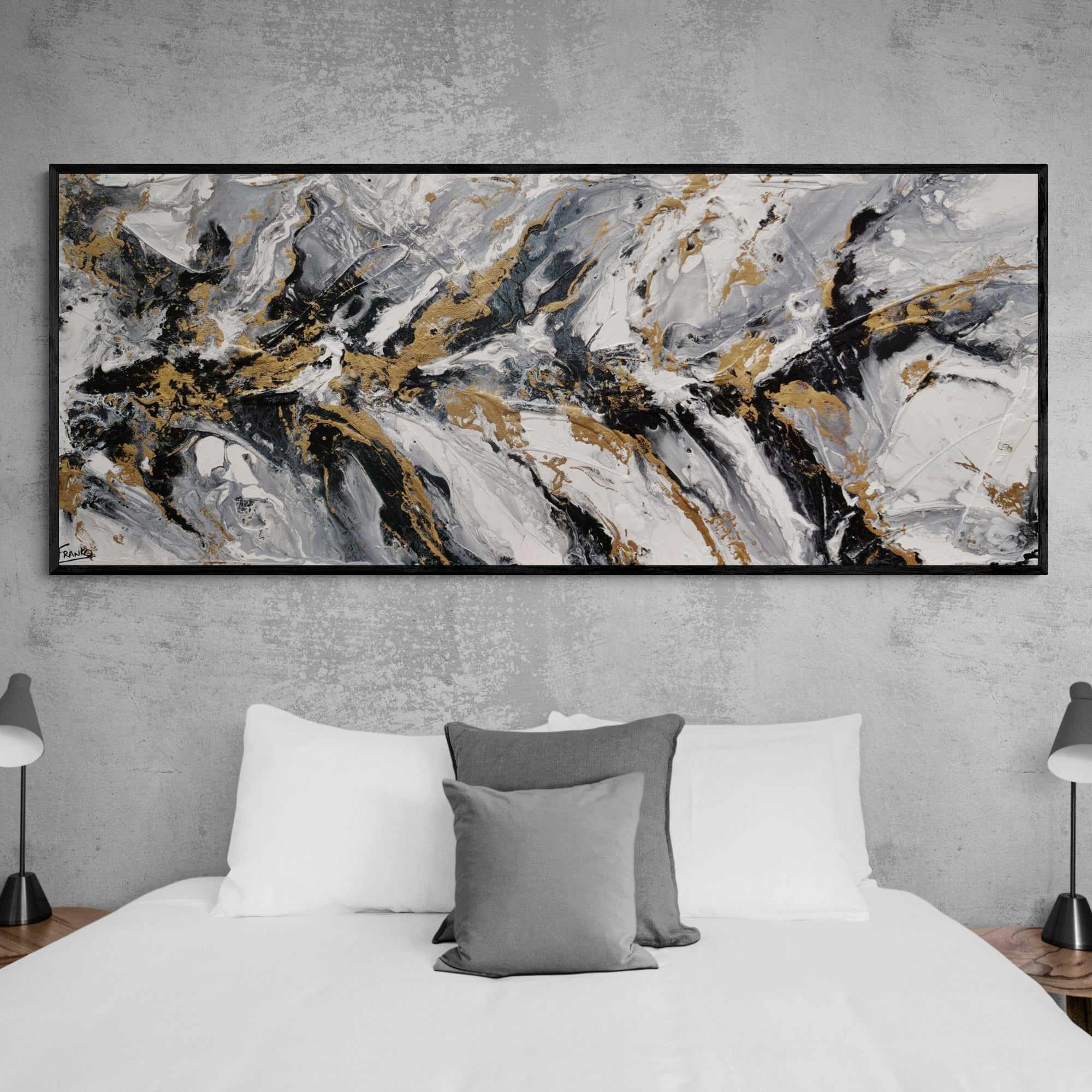 Golden Ransom 200cm x 80cm Gold White Black Textured Abstract Canvas Art - Modern Wall Decor for Living Room, Bedroom & Office