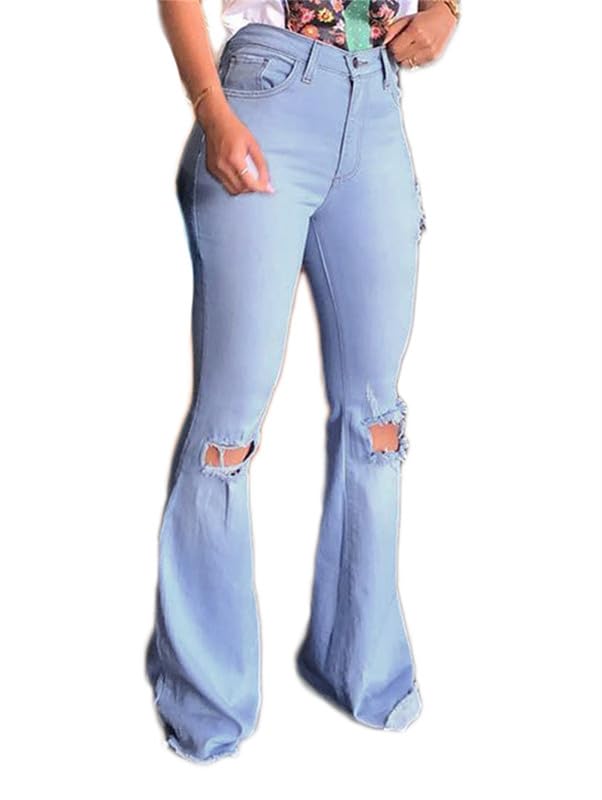 Andongnywell Women's High Waist Ripped Flare Jeans - Vintage Bell Bottom Denim Pants with Butt Lifting & Push Up Design for Casual Outfits & Retro Style