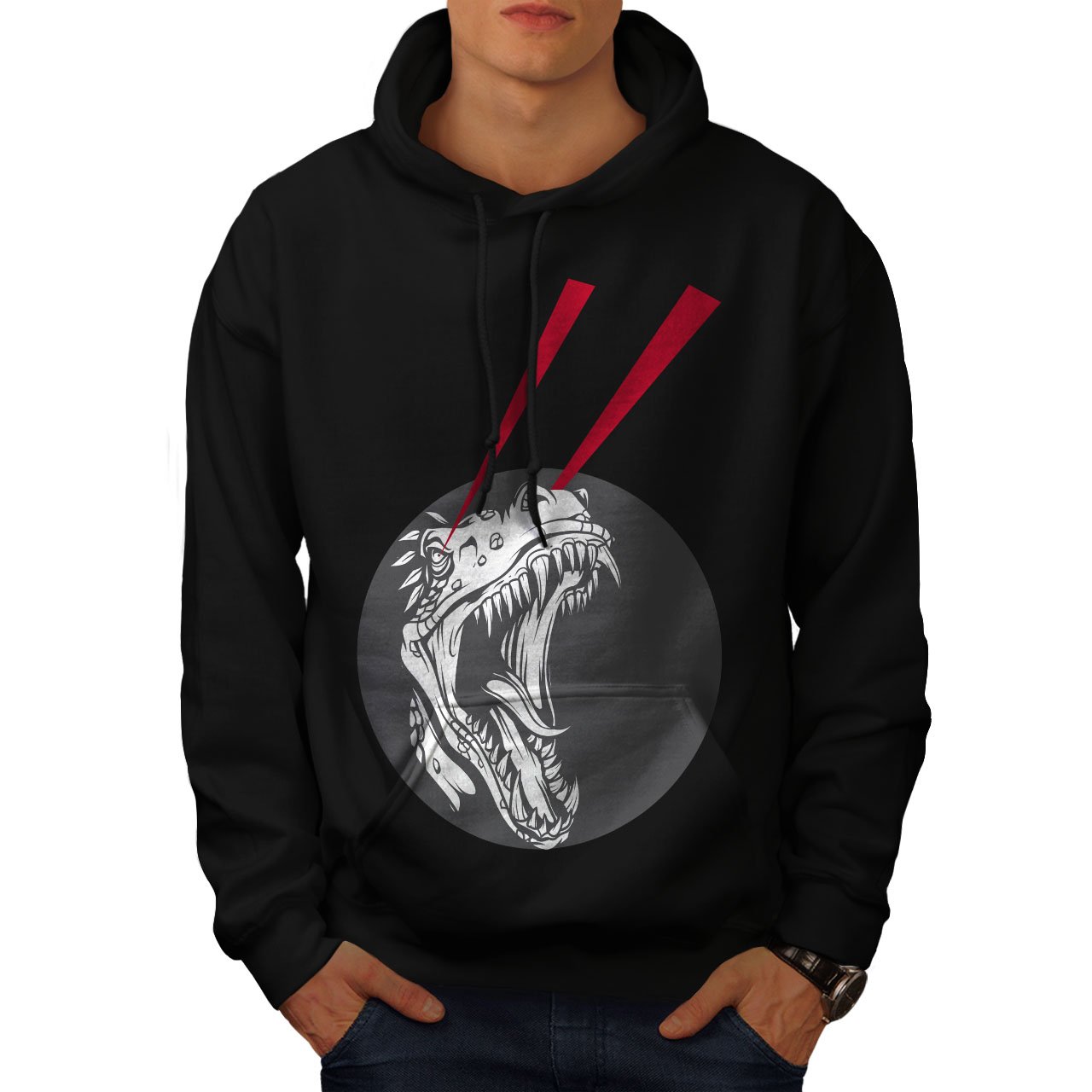 Wellcoda Men's Dinosaur Laser Print Hoodie - Cool Animal Graphic Pullover Sweatshirt for Casual Wear, Street Style & Gaming Enthusiasts