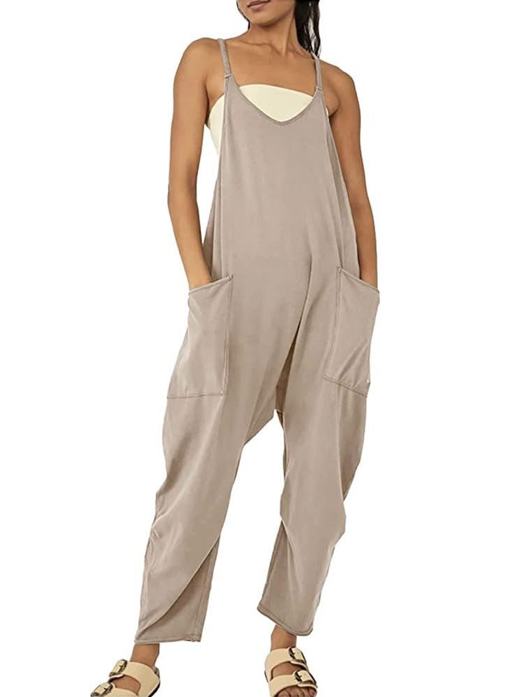 Women's Summer Long Jumpsuit - Black Romper Overalls with Oatmeal Color Option (Size Small) | Casual Outfit for Beach, Travel & Everyday Wear