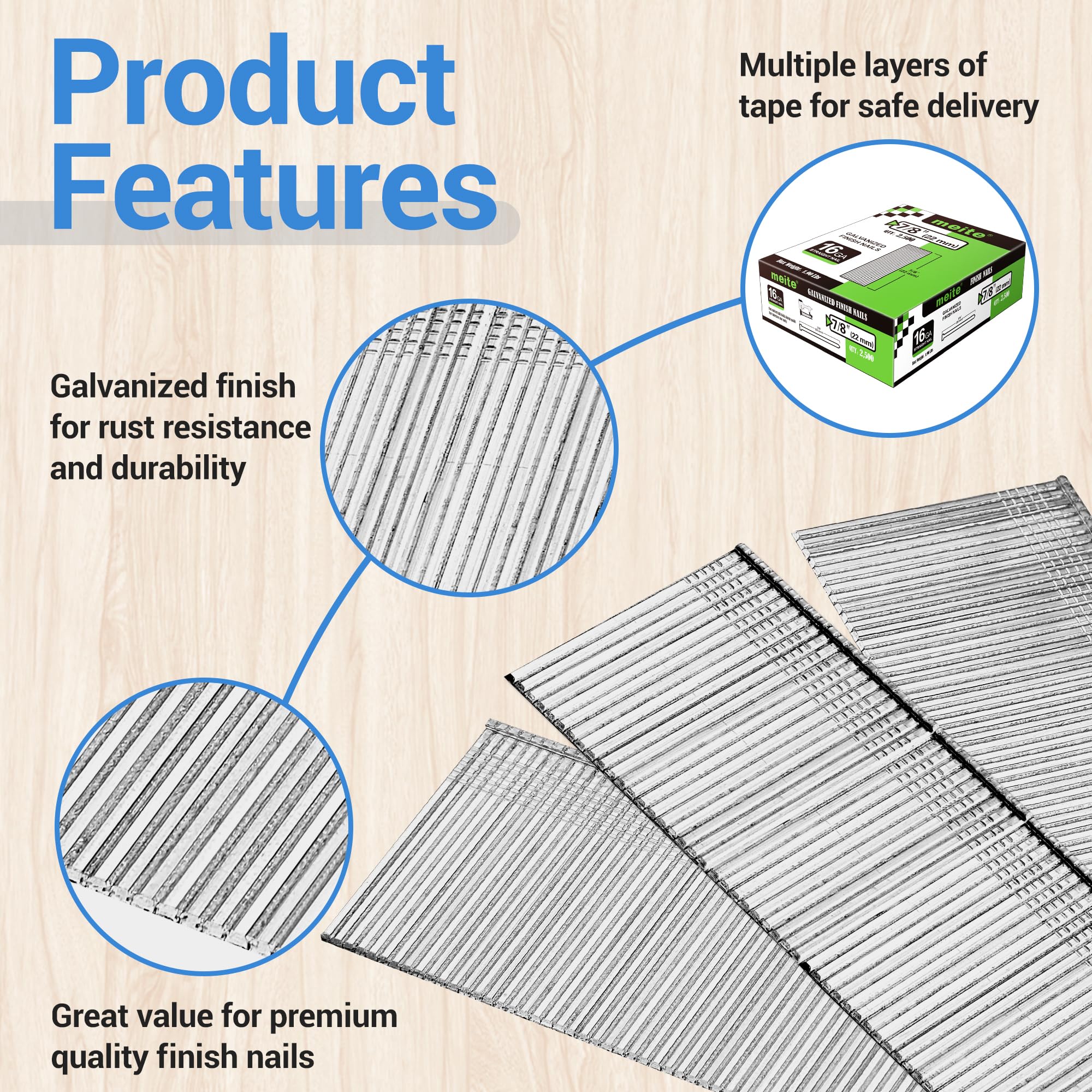 16 Gauge Galvanized Finish Nails 7/8 Inch - 2,500 Count for Electric/Pneumatic Nail Guns - Ideal for Trim Work, Crown Molding, and Baseboard Installation