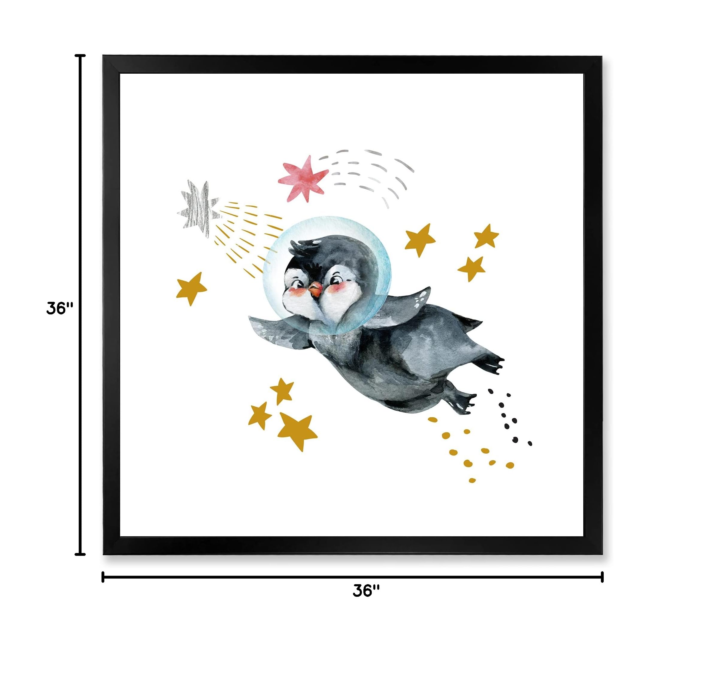 DesignQ Little Penguin Flying Stars and Planets Farmhouse Framed Wall Art - Nursery Decor, Kids Room Wall Art, Living Room Decor