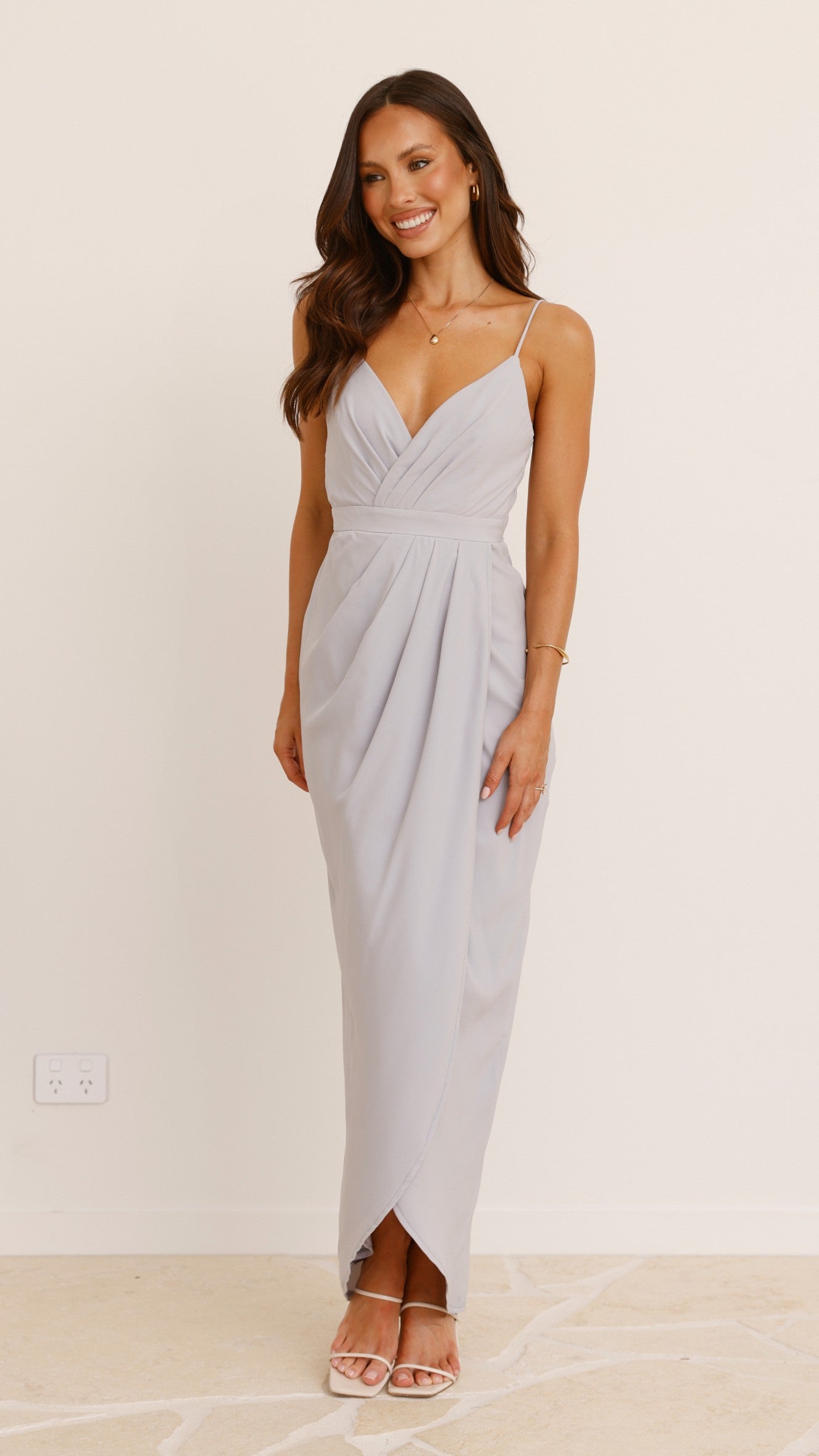 Charlotte Draped Maxi Dress - Light Grey Flowy Long Evening Gown for Women | Perfect for Weddings, Parties & Special Occasions