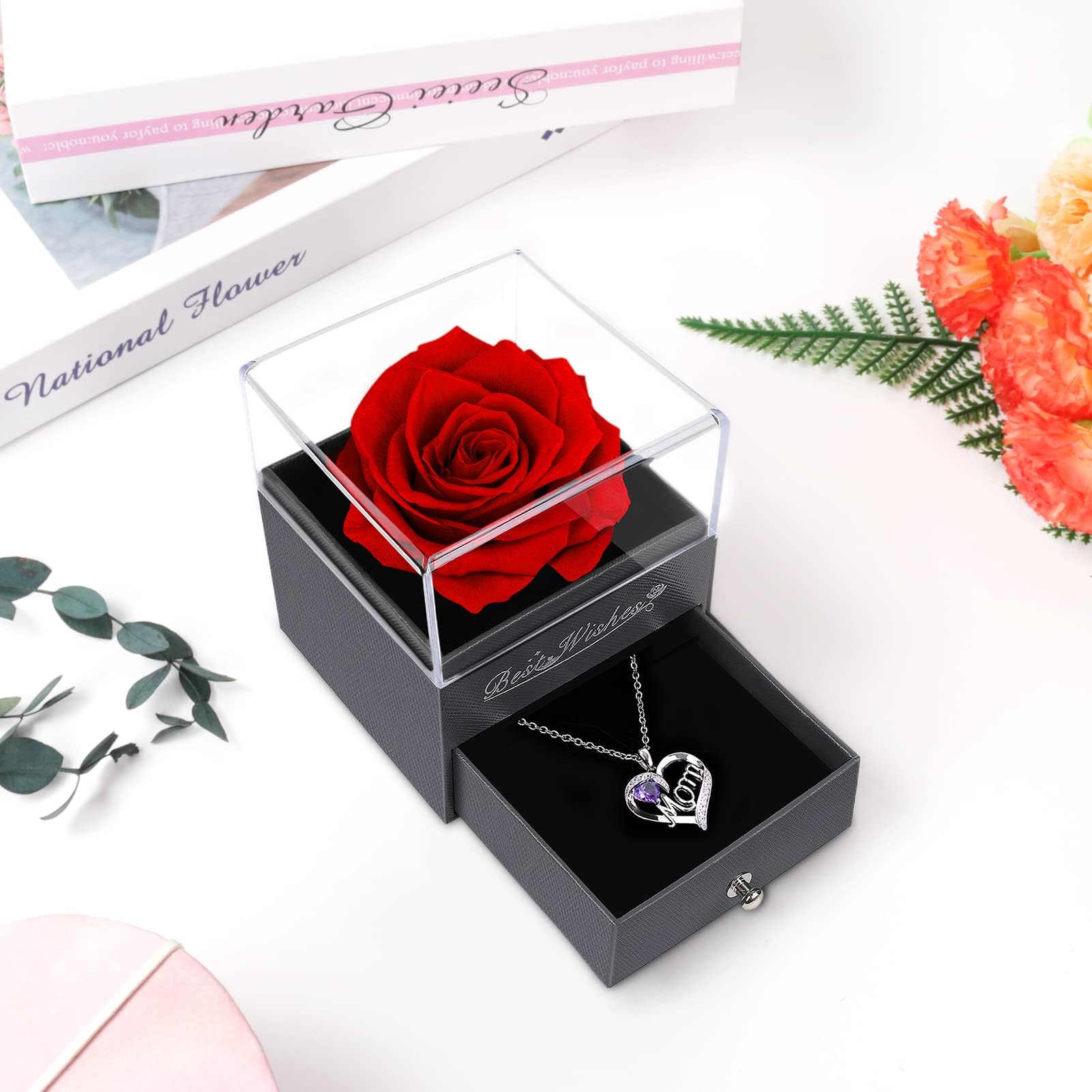 Mother's Day Rose Gift Set for Mom - Preserved Red Roses in Glass Dome with Heart Necklace - Birthday, Anniversary, Valentine's Day Gifts for Women, Wife, Grandma - Perfect for Home Decor, Romantic Surprise & Special Occasions