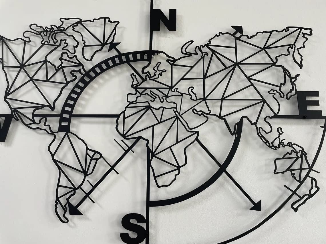 DEKADRON Modern Metal World Map Wall Art with Geometric Compass - Black 55