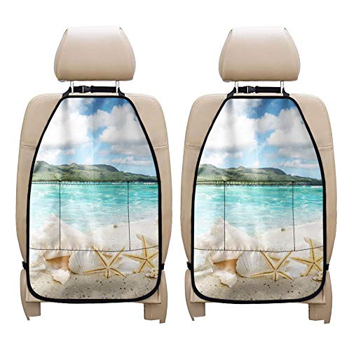 INSTANTARTS Ocean Beach Shell Seastar Pattern Car Backseat Organizer - 2-Piece Heavy Duty Kick Mats for Kids with Storage Pockets for Drinks, Books & Toys | Perfect for Road Trips, School Commutes & Family Travel