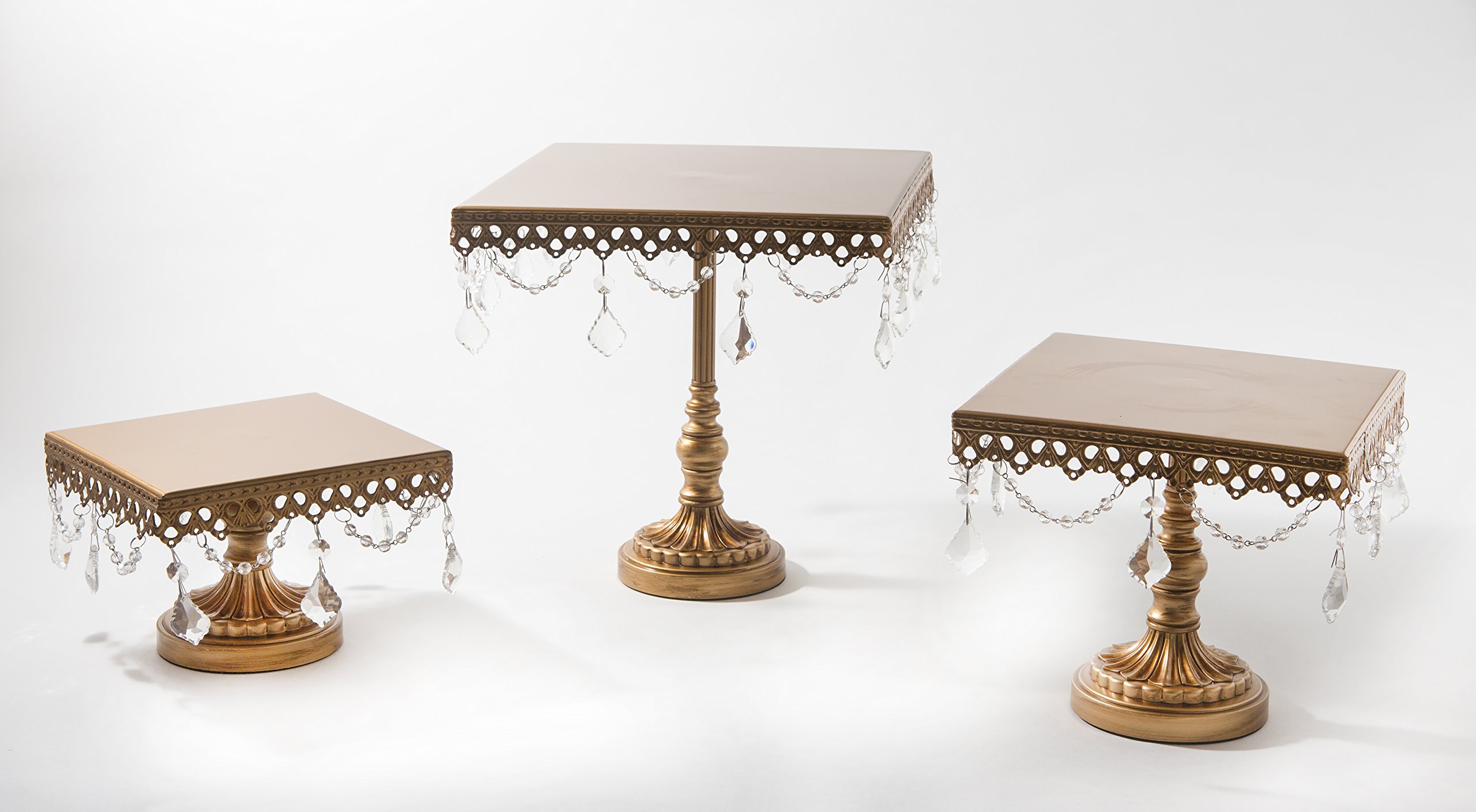 Antique Gold Cake Stand Set of 3 - Square Metal Serving Plates with Chandelier Accents for Desserts & Party Display - Elegant Bronze Gold Dessert Stand for Weddings, Tea Parties & Home Decor
