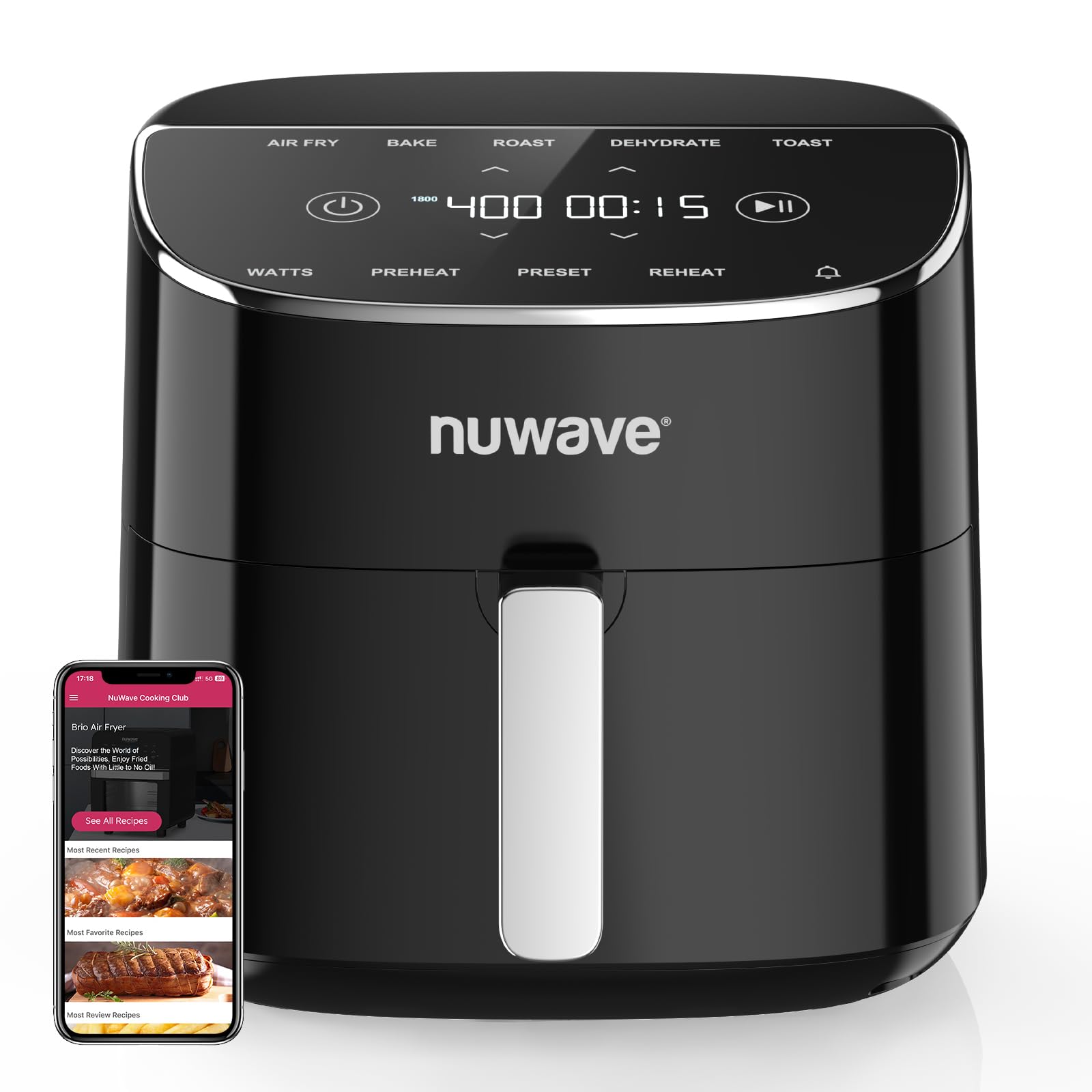 Nuwave Brio Plus 8 Qt Air Fryer – PFAS-Free, 7-in-1 Digital Cook Functions (Air Fry, Bake, Roast, Dehydrate, Toast, Reheat, Preheat), 150 Presets, 50°F-400°F, 700W-1800W – Perfect for Healthy Cooking, Meal Prep & Family Dinners