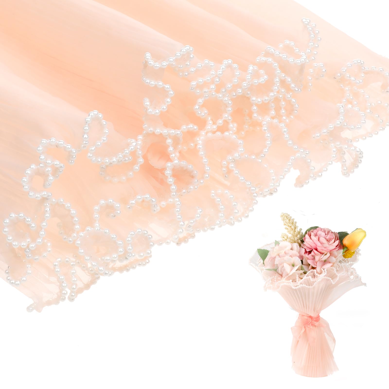 4.37 Yards Pink Pearl Edge Wrinkled Mesh Floral Wrapping Paper for Bouquets, DIY Crafts, and Gift Decorations - Perfect for Wedding, Birthday, and Party Arrangements