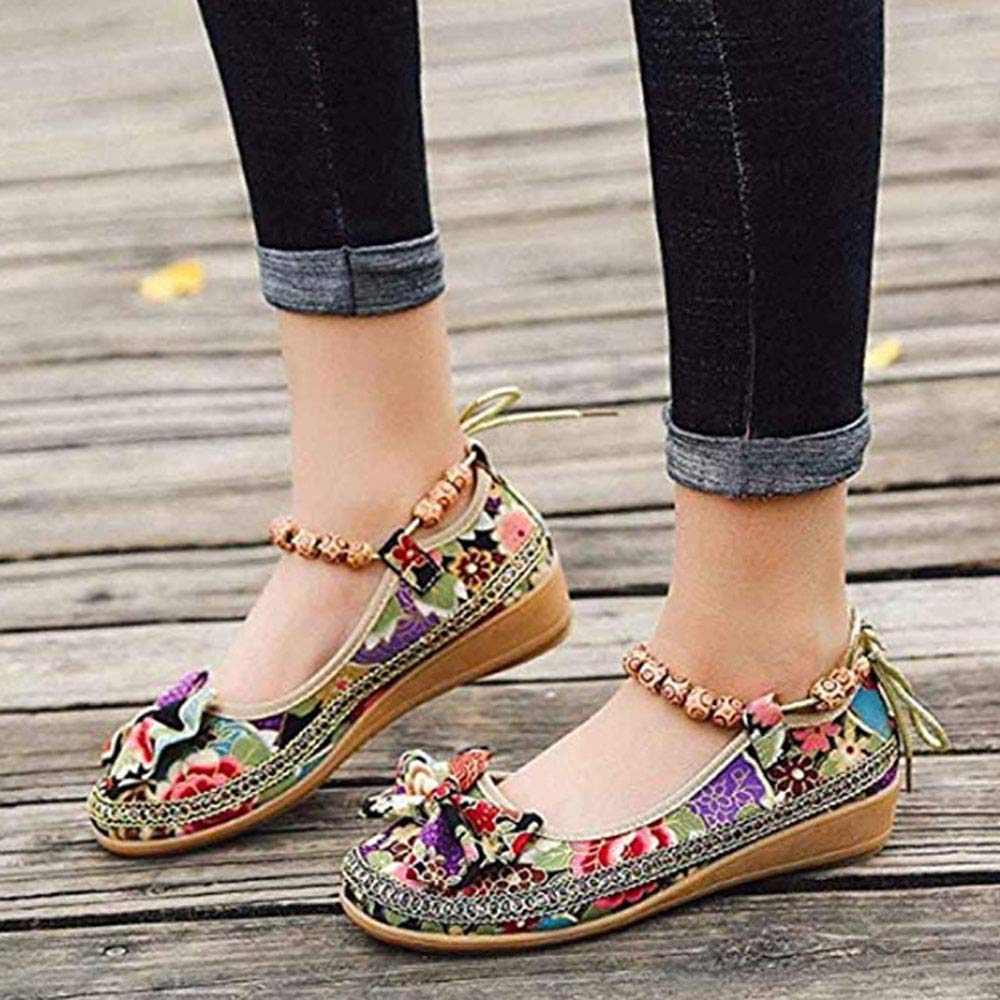 BININBOX Women's Retro Ethnic Beaded Flat Loafers - Colorful Embroidered Round Toe Casual Shoes for Women | Perfect for Boho Outfits, Office Wear & Everyday Comfort