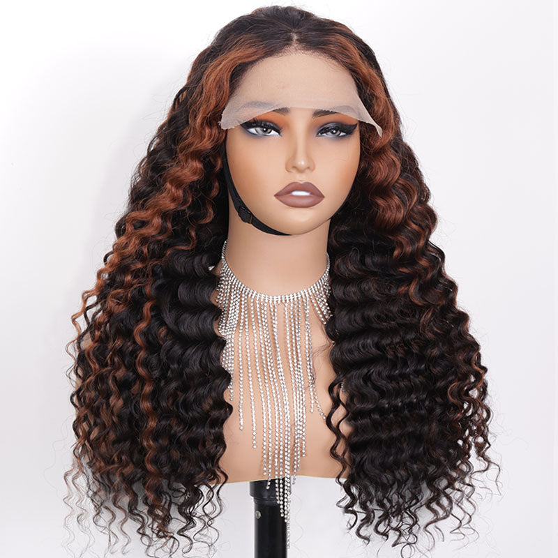 Eullair Honey Blonde Highlights Deep Curly Human Hair Lace Front Wig - Pre Plucked Glueless HD Lace Wigs for Black Women | Natural Look for Daily Wear, Parties & Special Occasions
