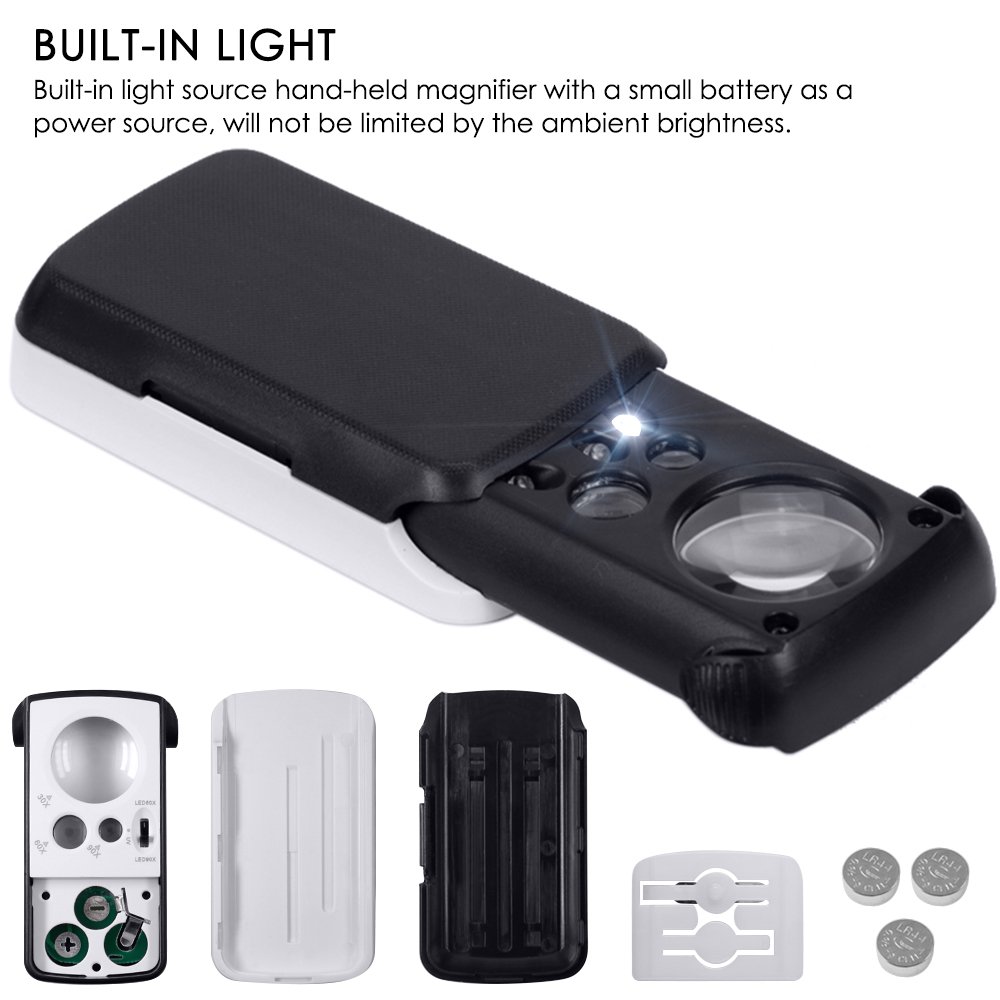 AFUNTA 30X 60X 90X LED Jewelry Loupe Magnifier - Pocket Magnifying Glass for Rocks, Stamps, Coins, Watches, Antiques & Hobbies | Perfect for Gemologists, Collectors & Craft Enthusiasts (Silver)