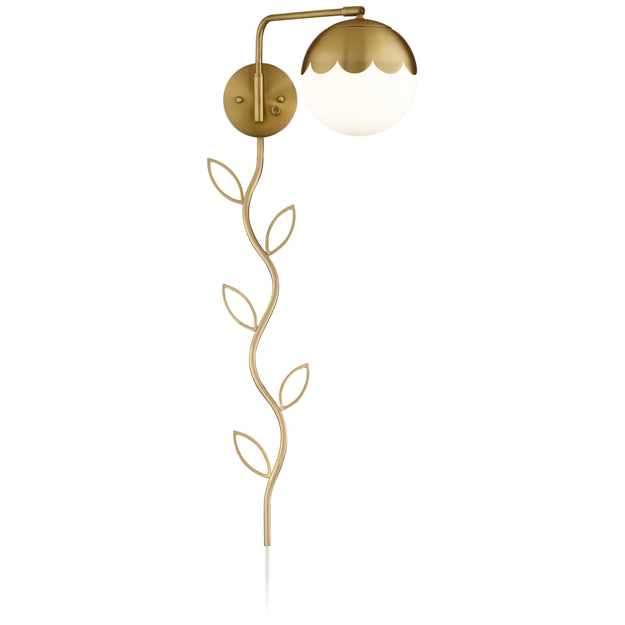 360 Lighting Kelowna Modern Adjustable Swing Arm Wall Lamp - Antique Brass Gold Metal Plug-in Light Fixture with Glass Globe Shade - Perfect for Bedroom, Living Room, Hallway & Dining Room - Reading Light, Bedside Lamp & Home Decor Lighting Solution