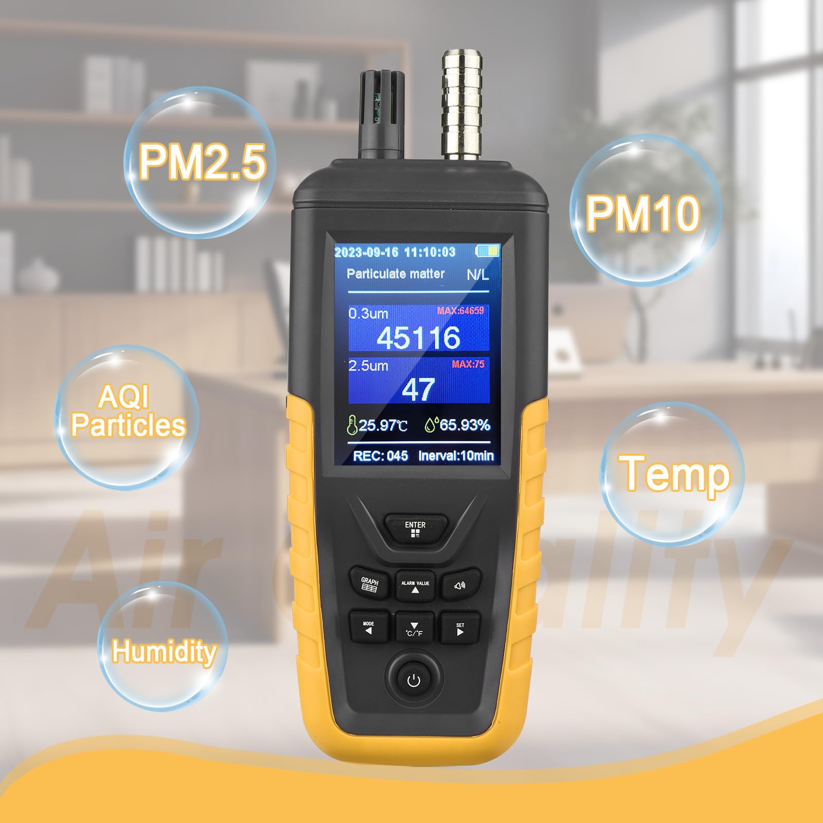 High Sensitivity Air Quality Monitor with PM0.3/2.5/10 Detection - 3-Channel Dust Particle Counter, Temperature & Humidity Sensor, USB Rechargeable for Home, Office & Travel Use
