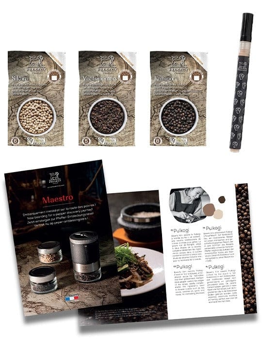 Peugeot MAESTRO Pepper Mill Set with 3 Premium Pepper Varieties - Perfect for Gourmet Cooking, Fine Dining & Kitchen Gifting