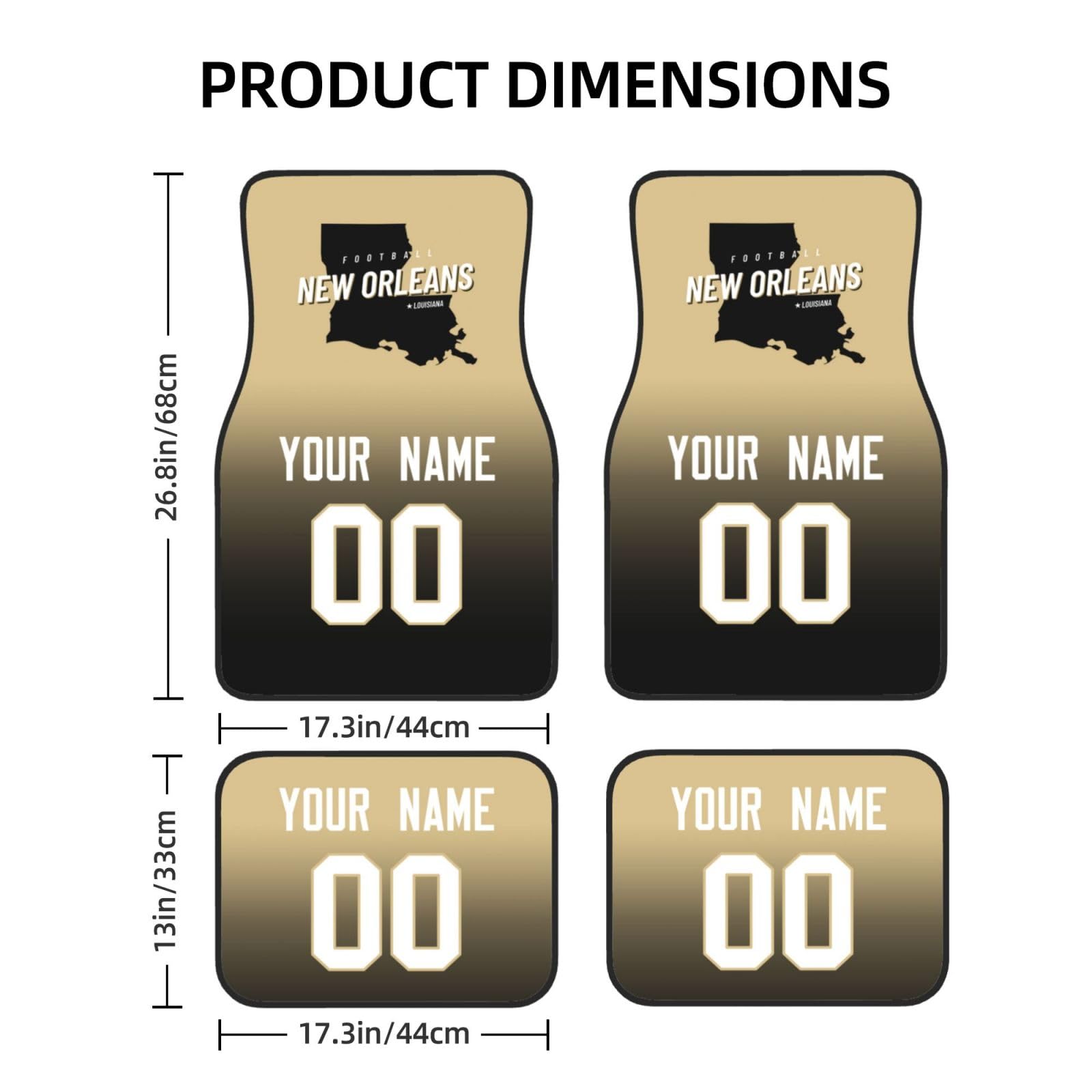 Custom New Orleans Car Mat Sets 4-Piece with Name, Number & City - Personalized Football Car Floor Mats for Most Vehicles - Perfect for Tailgating & Game Day Decor