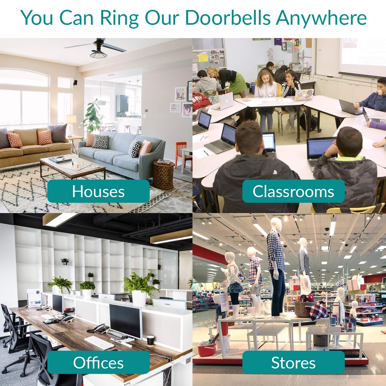 Wireless Doorbell with Remote Button & 2 Plug-in Receivers - 1000ft Range, 52 Chime Tones, No Receiver Batteries Needed - Perfect for Homes, Offices & Apartments